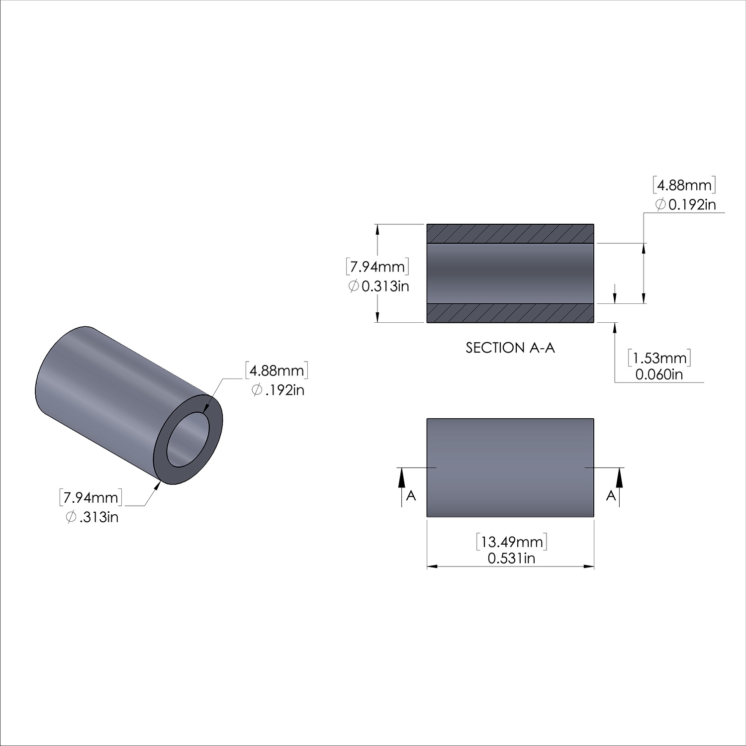 Aluminum Spacer 5/16'' OD x .192'' ID x 17/32'' Long, Plain Aluminum Finish