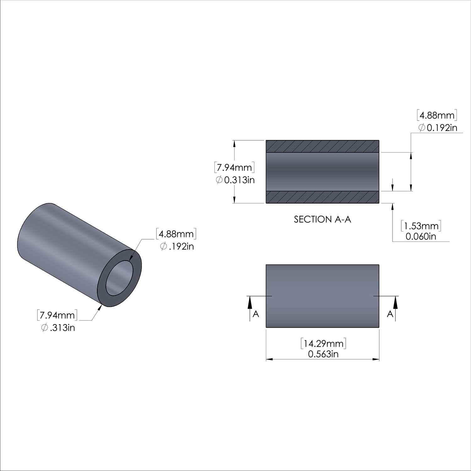 Aluminum Spacer 5/16'' OD x .192'' ID x 9/16'' Long, Plain Aluminum Finish