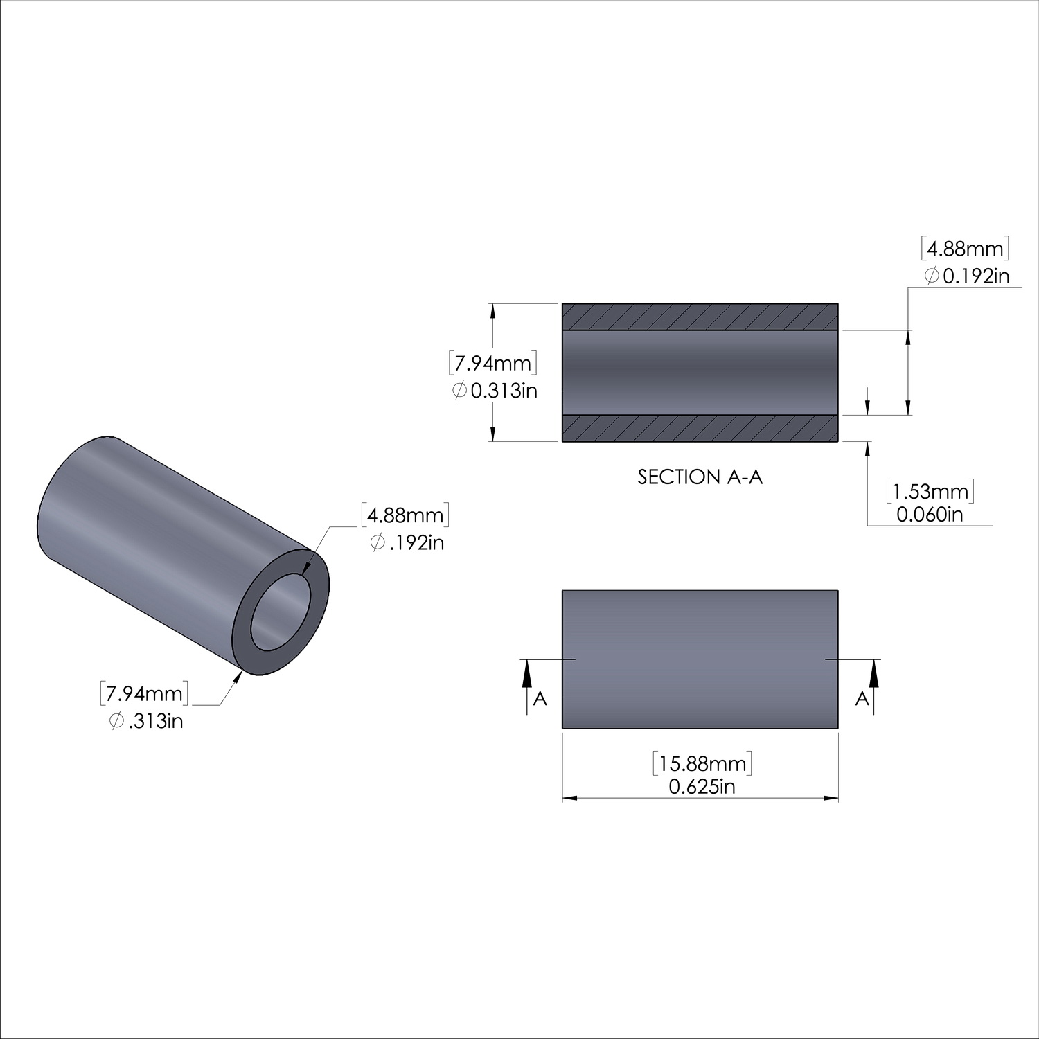Aluminum Spacer 5/16'' OD x .192'' ID x 5/8'' Long, Black Anodized Finish