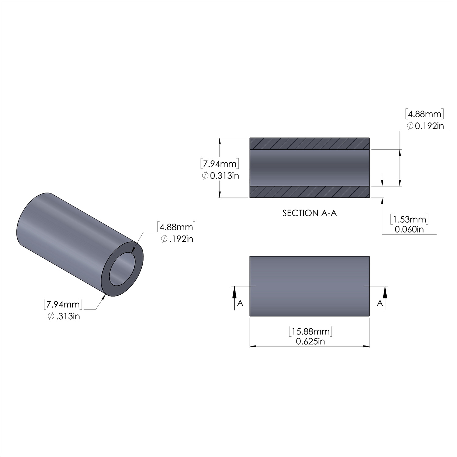 Aluminum Spacer 5/16'' OD x .192'' ID x 5/8'' Long, Plain Aluminum Finish