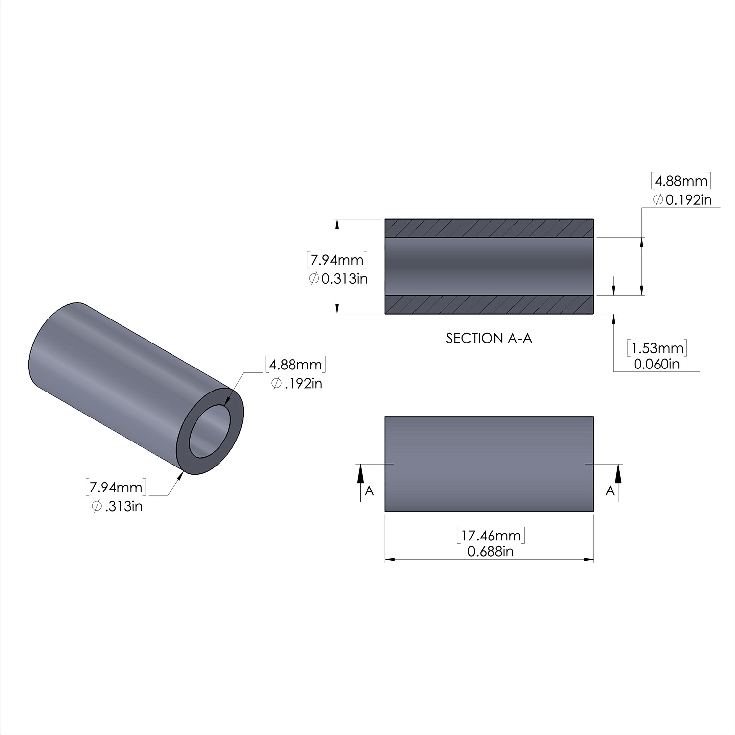 Aluminum Spacer 5/16'' OD x .192'' ID x 11/16'' Long, Black Anodized Finish