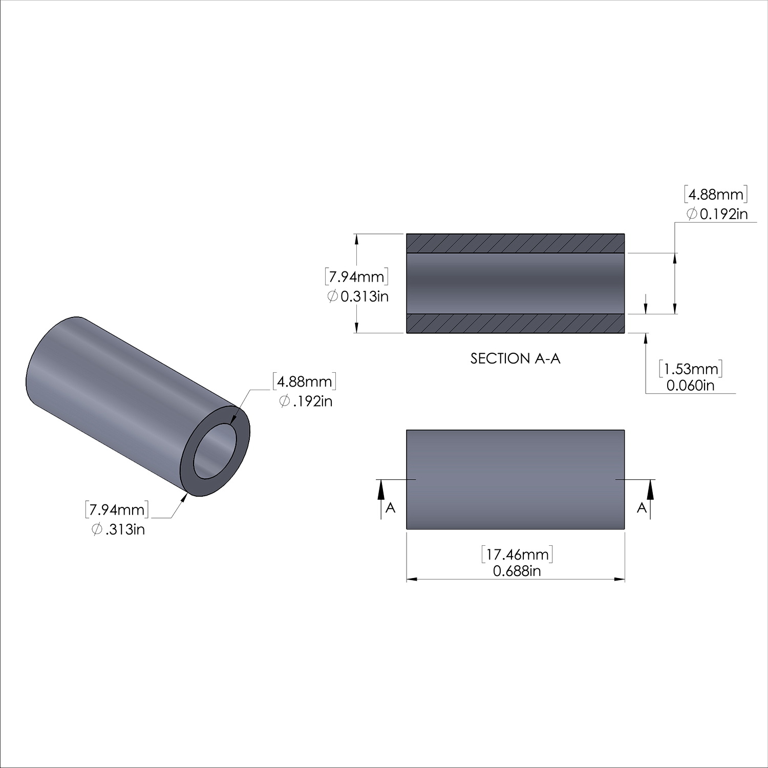 Aluminum Spacer 5/16'' OD x .192'' ID x 11/16'' Long, Plain Aluminum Finish