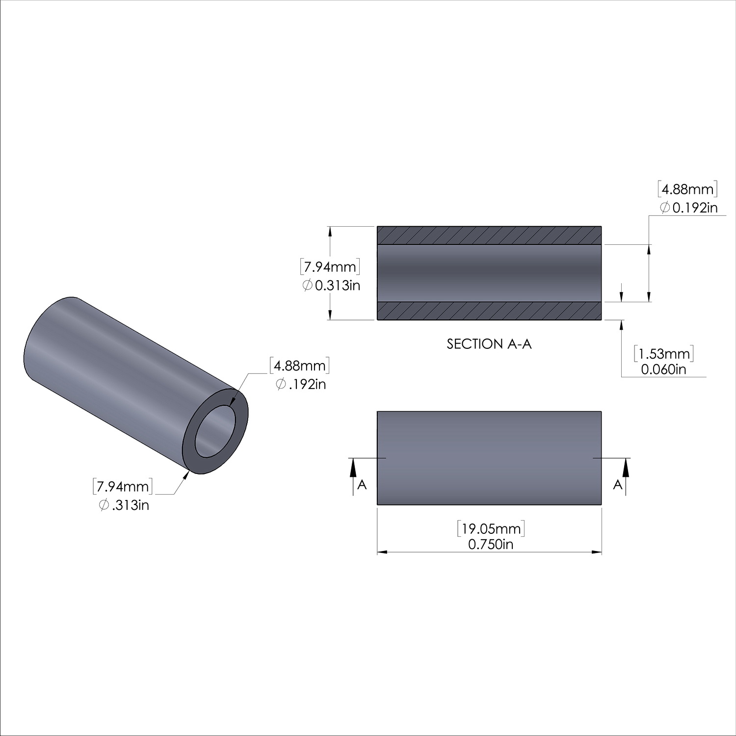 Aluminum Spacer 5/16'' OD x .192'' ID x 3/4'' Long, Plain Aluminum Finish