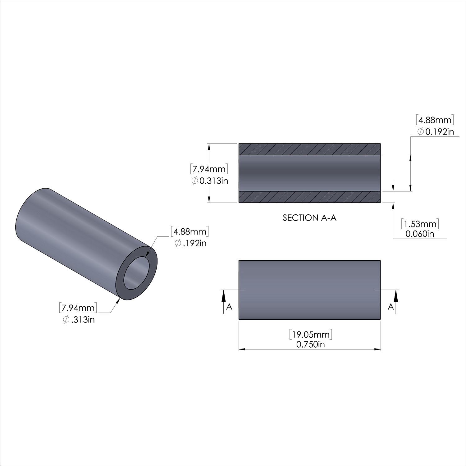 Aluminum Spacer 5/16'' OD x .192'' ID x 13/16'' Long, Plain Aluminum Finish