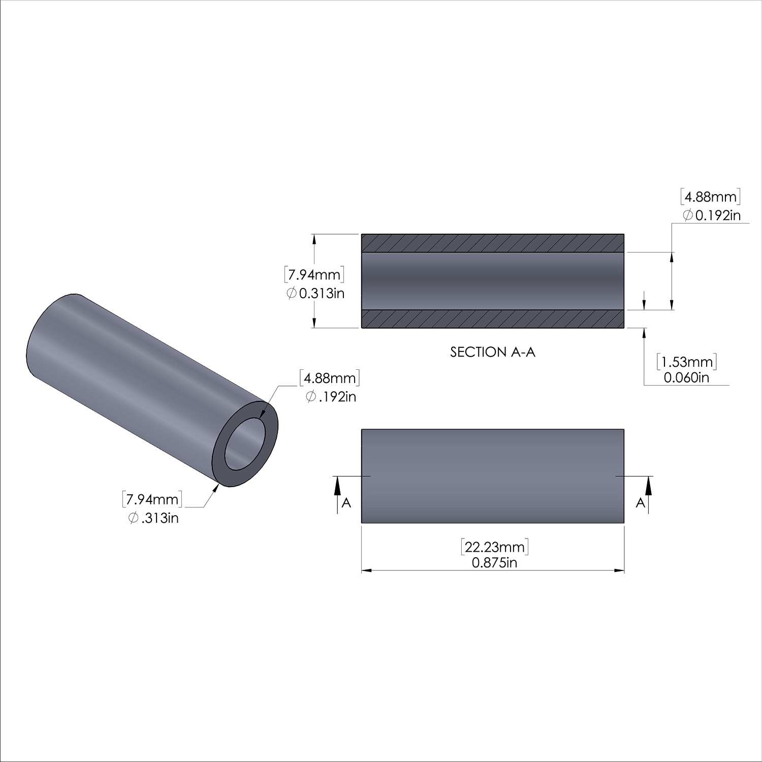Aluminum Spacer 5/16'' OD x .192'' ID x 7/8'' Long, Black Anodized Finish