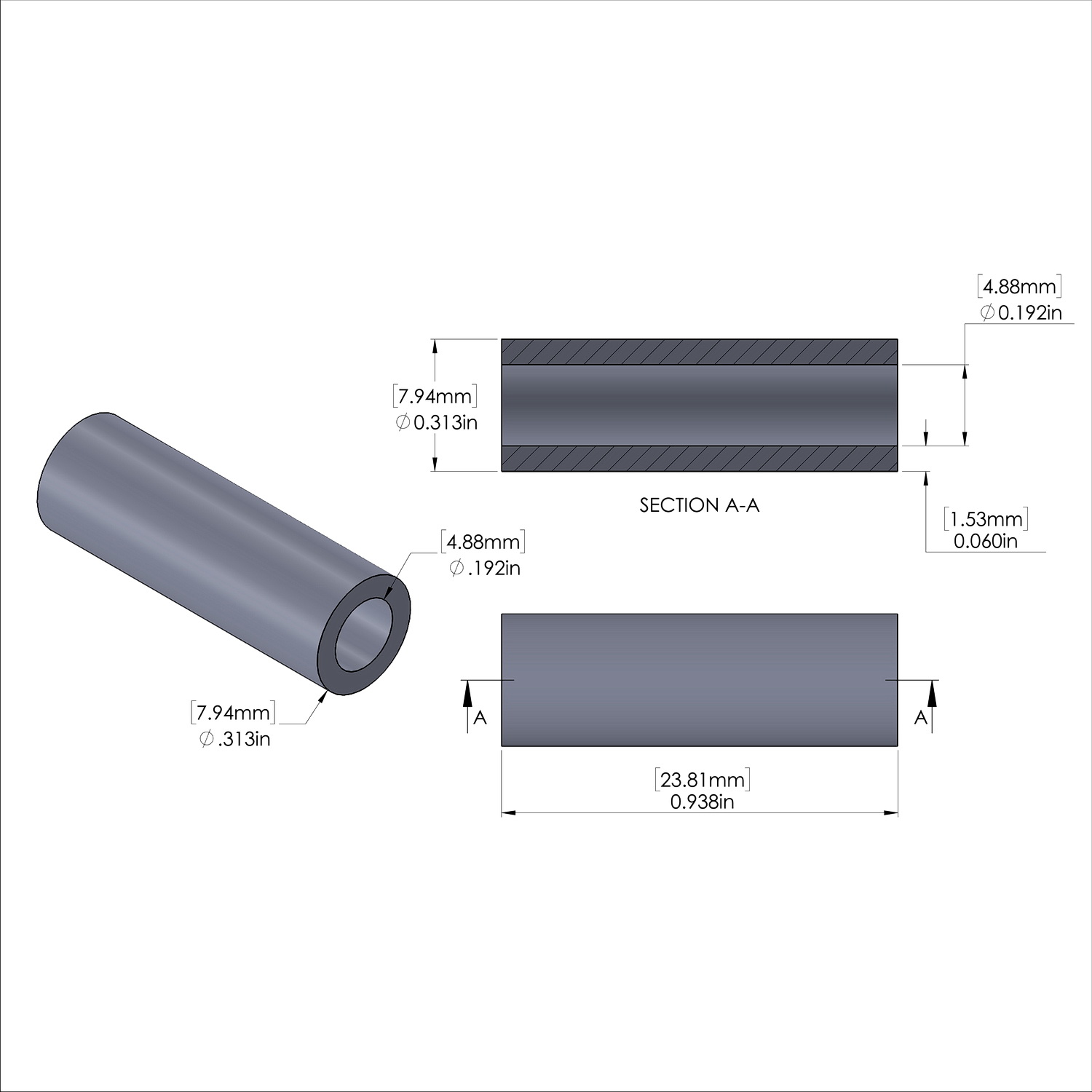 Aluminum Spacer 5/16'' OD x .192'' ID x 15/16'' Long