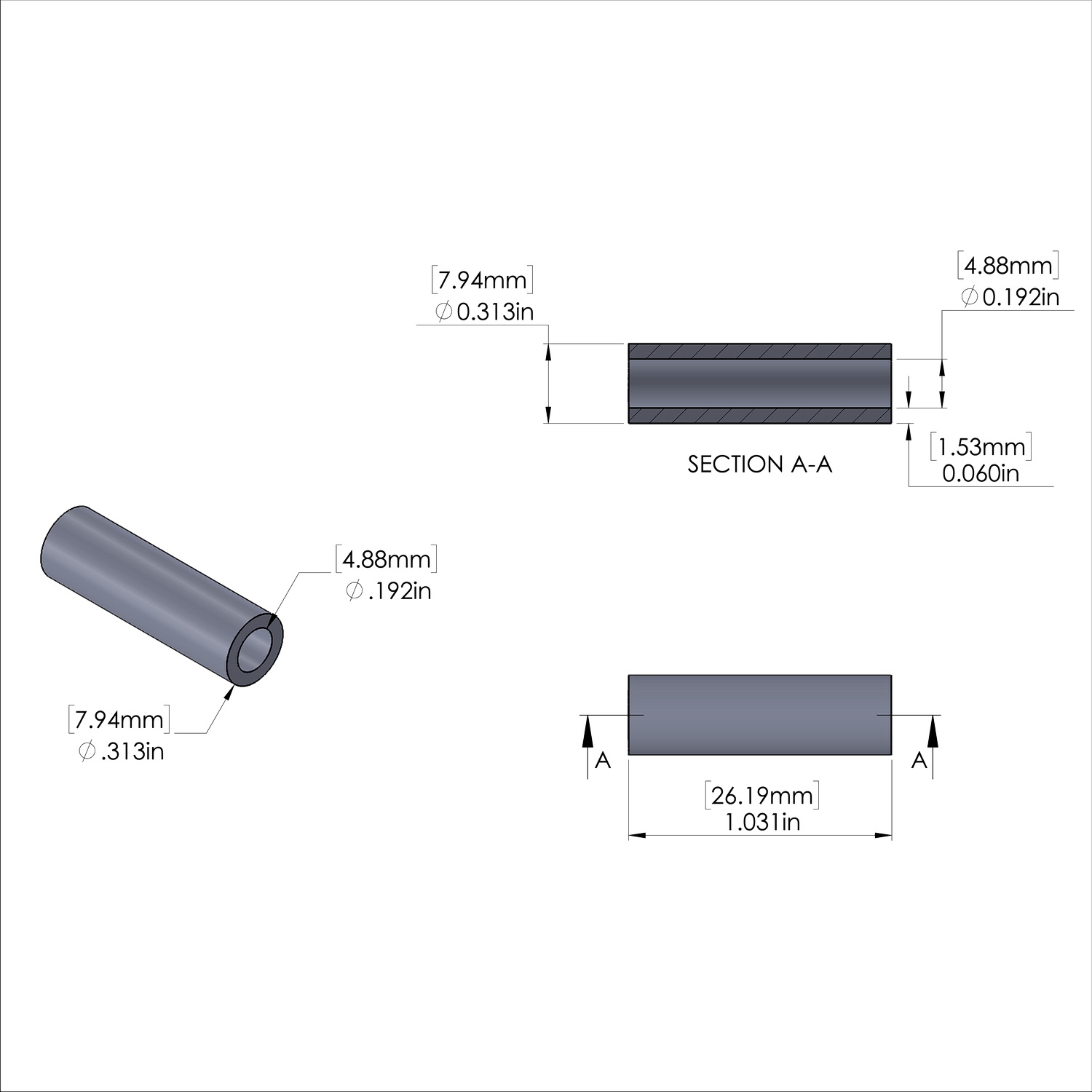 Aluminum Spacer 5/16'' OD x .192'' ID x 1-1.031'' Long, Plain Aluminum Finish