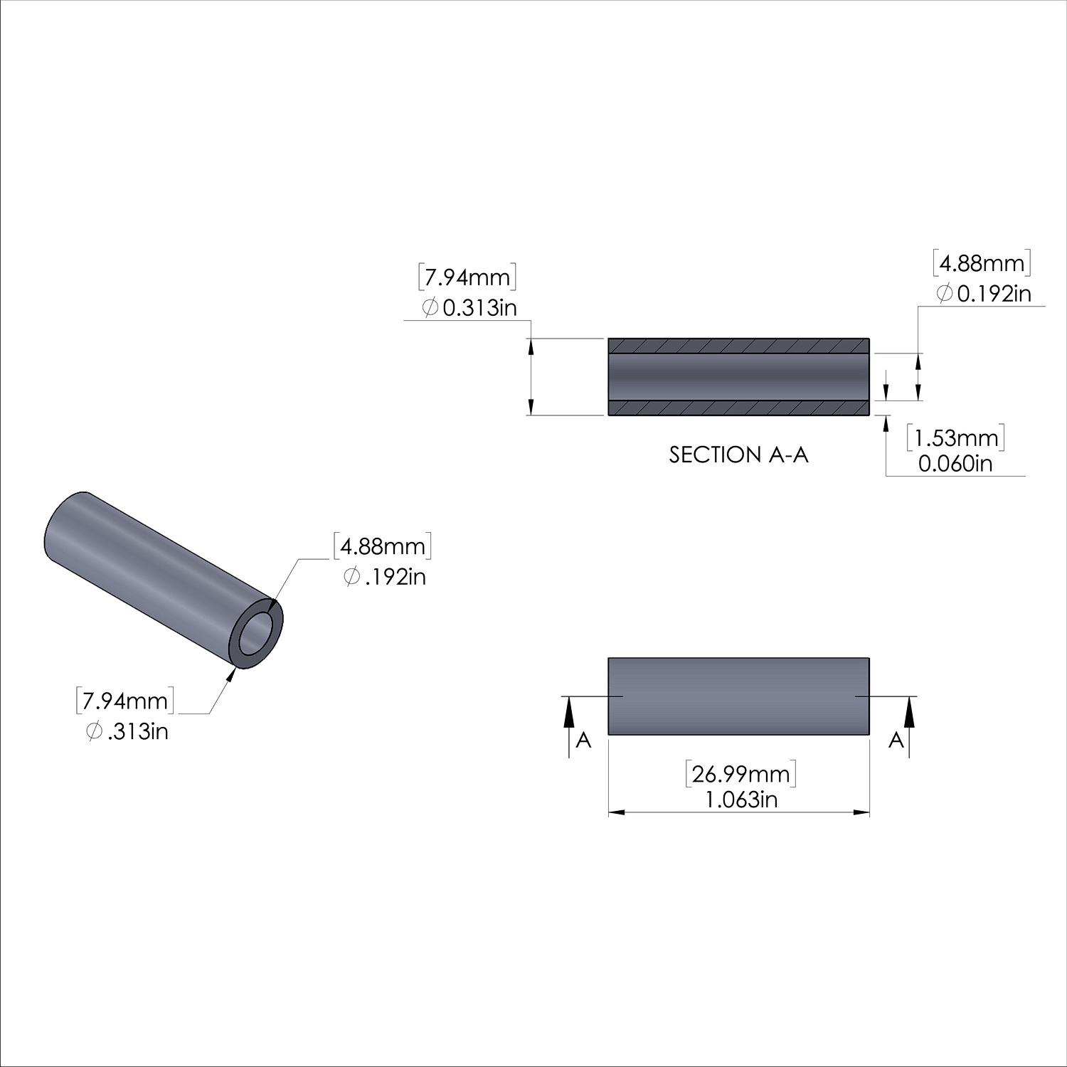 Aluminum Spacer 5/16'' OD x .192'' ID x 1-1/16'' Long, Plain Aluminum Finish