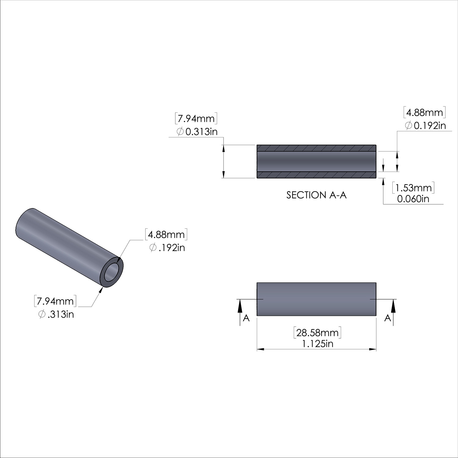 Aluminum Spacer 5/16'' OD x .192'' ID x 1-1/8'' Long, Black Anodized Finish