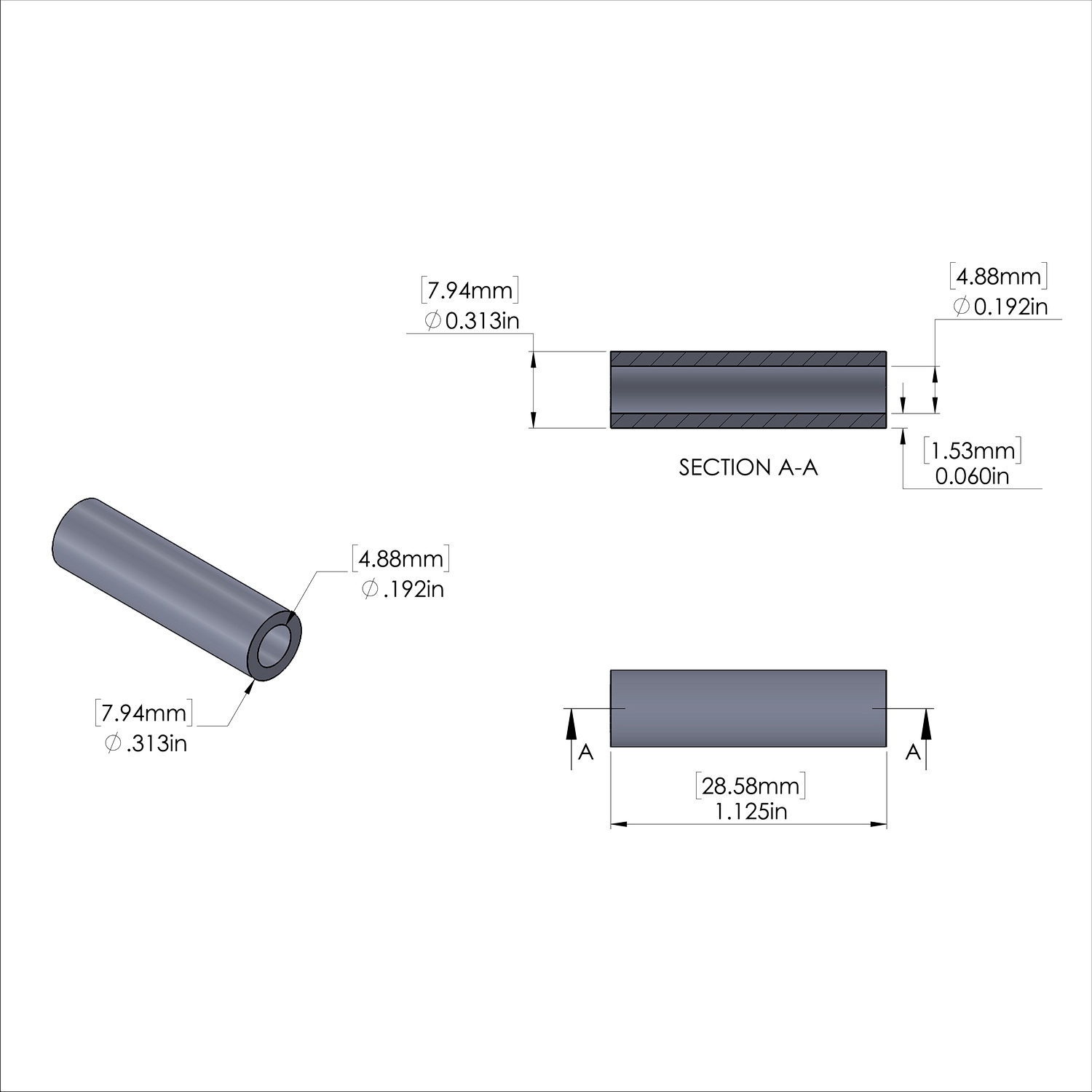 Aluminum Spacer 5/16'' OD x .192'' ID x 1-1/8'' Long, Plain Aluminum Finish