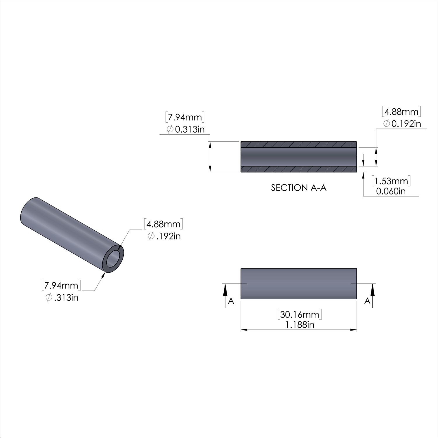 Aluminum Spacer 5/16'' OD x .192'' ID x 1-3/16'' Long, Plain Aluminum Finish