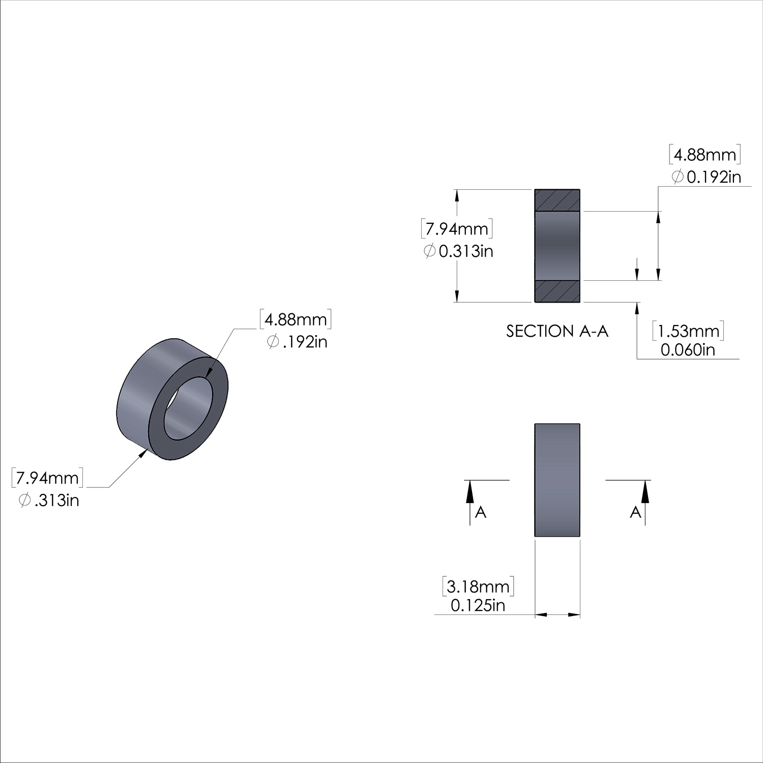 Aluminum Spacer 5/16'' OD x .192'' ID x 1/8'' Long, Black Anodized Finish