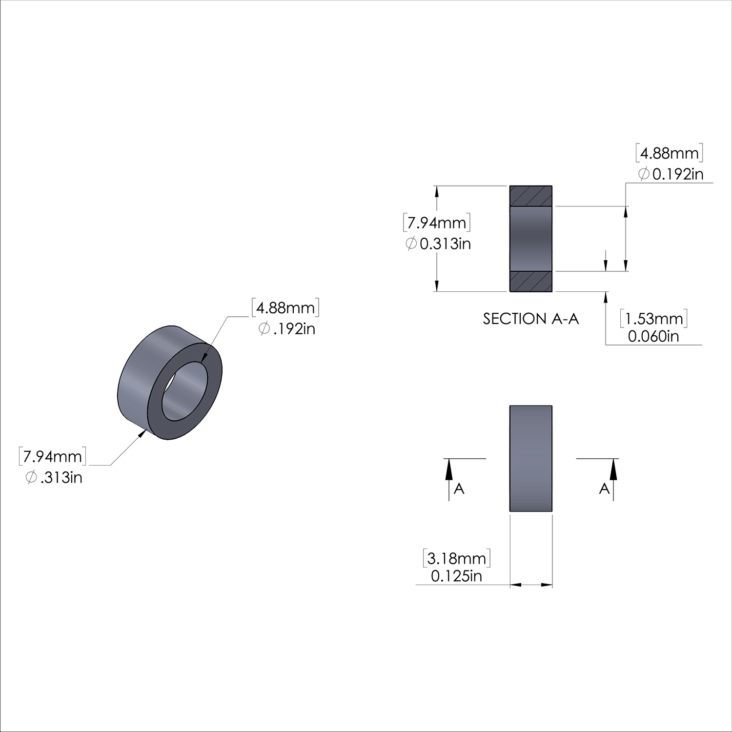 Aluminum Spacer 5/16'' OD x .192'' ID x 1/8'' Long, Plain Aluminum Finish