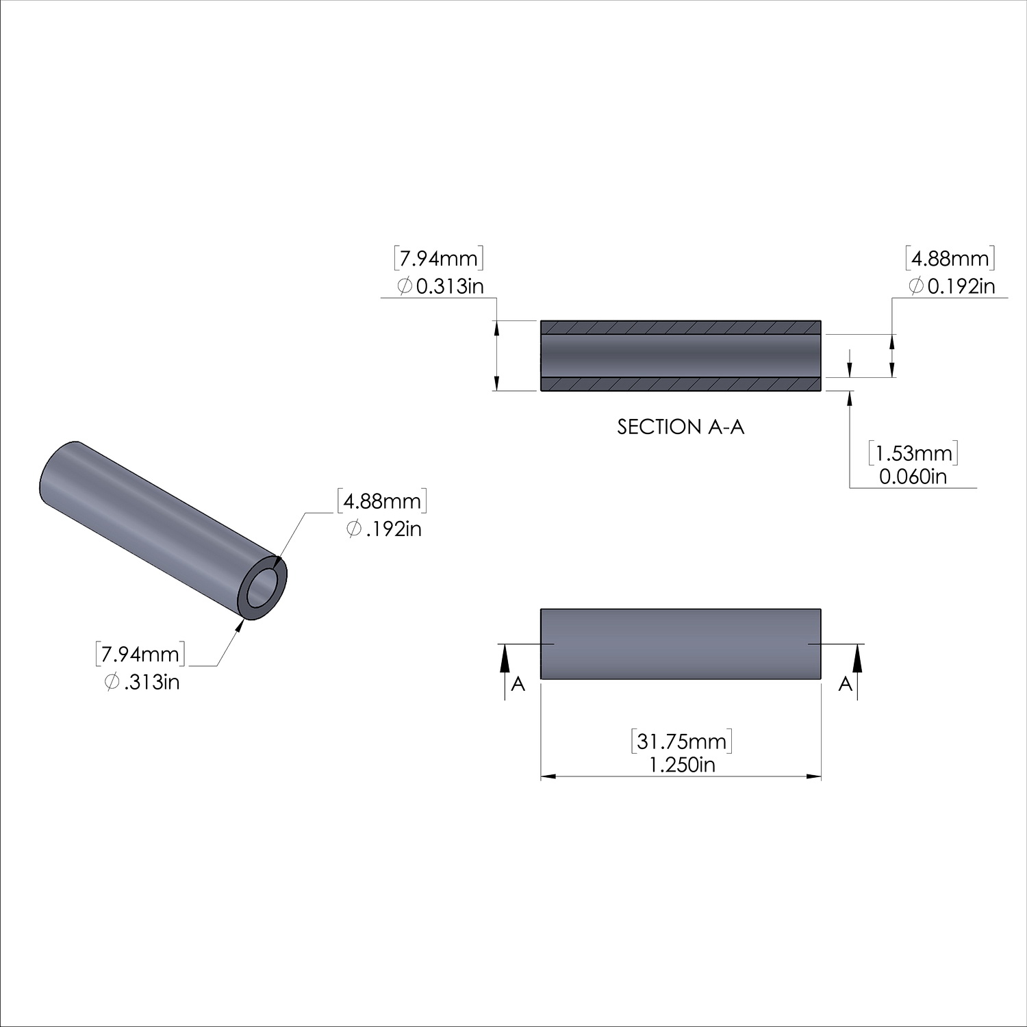 Aluminum Spacer 5/16'' OD x .192'' ID x 1-1/4'' Long, Black Anodized Finish