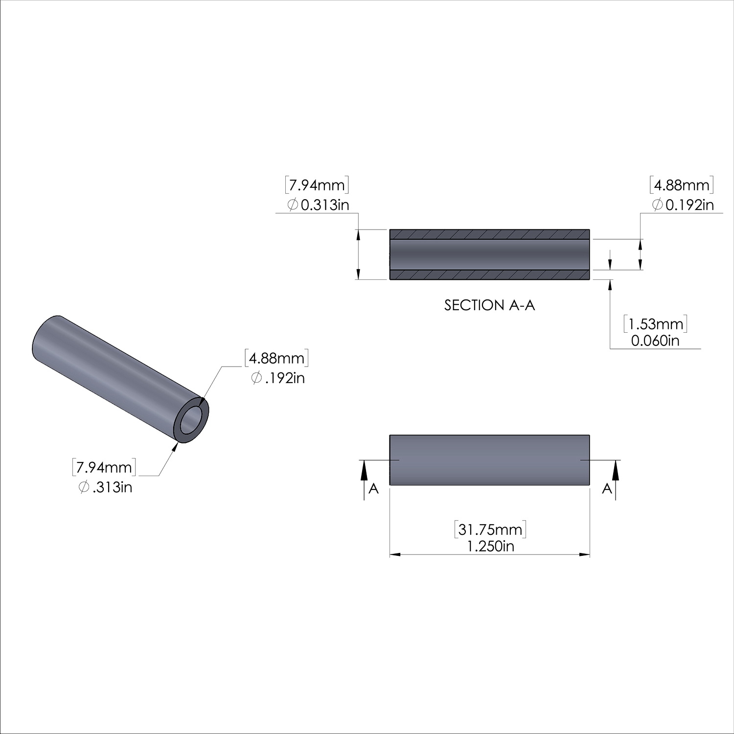 Aluminum Spacer 5/16'' OD x .192'' ID x 1-1/4'' Long