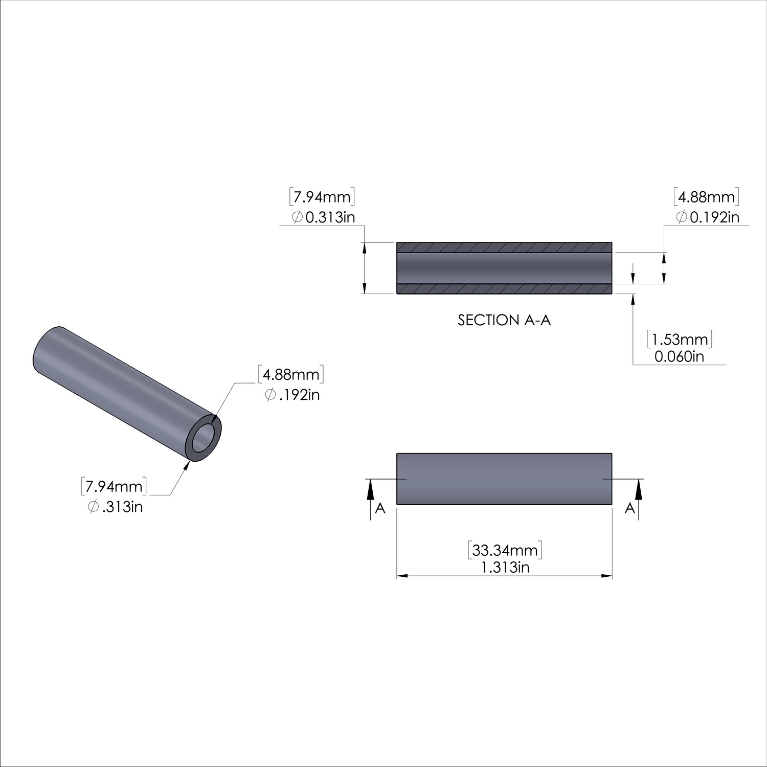 Aluminum Spacer 5/16'' OD x .192'' ID x 1-5/16'' Long, Plain Aluminum Finish
