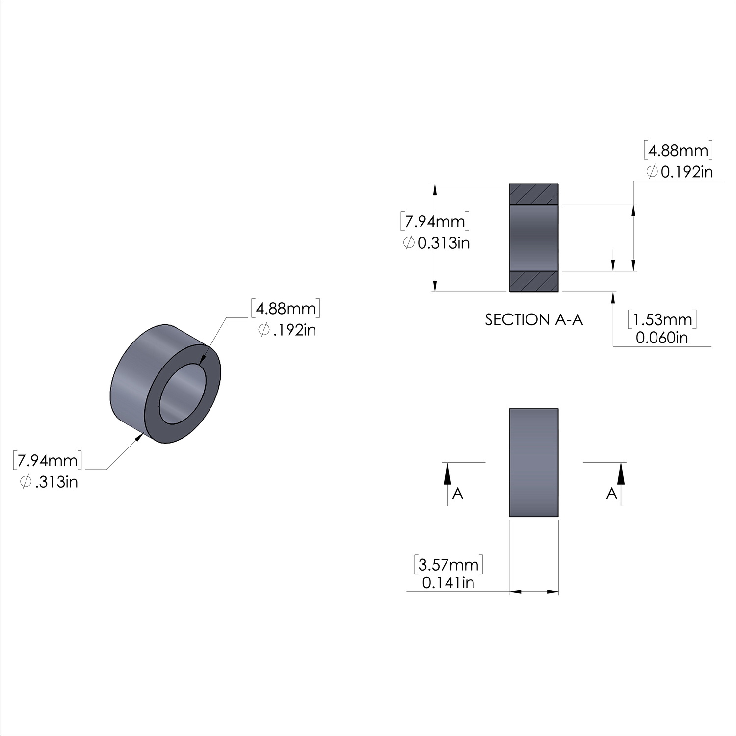 Aluminum Spacer 5/16'' OD x .192'' ID x 9/64'' Long, Plain Aluminum Finish