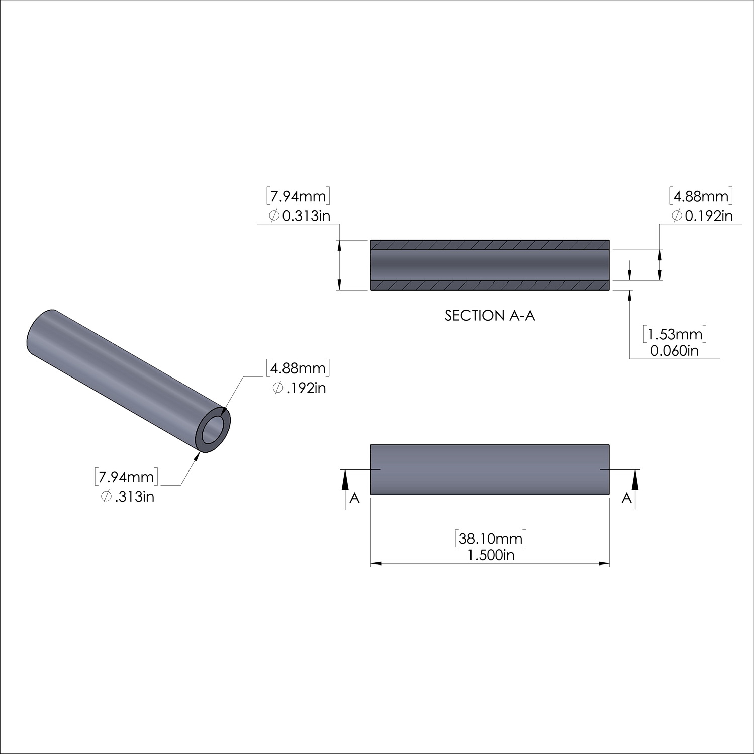Aluminum Spacer 5/16'' OD x .192'' ID x 1-1/2'' Long, Black Anodized Finish
