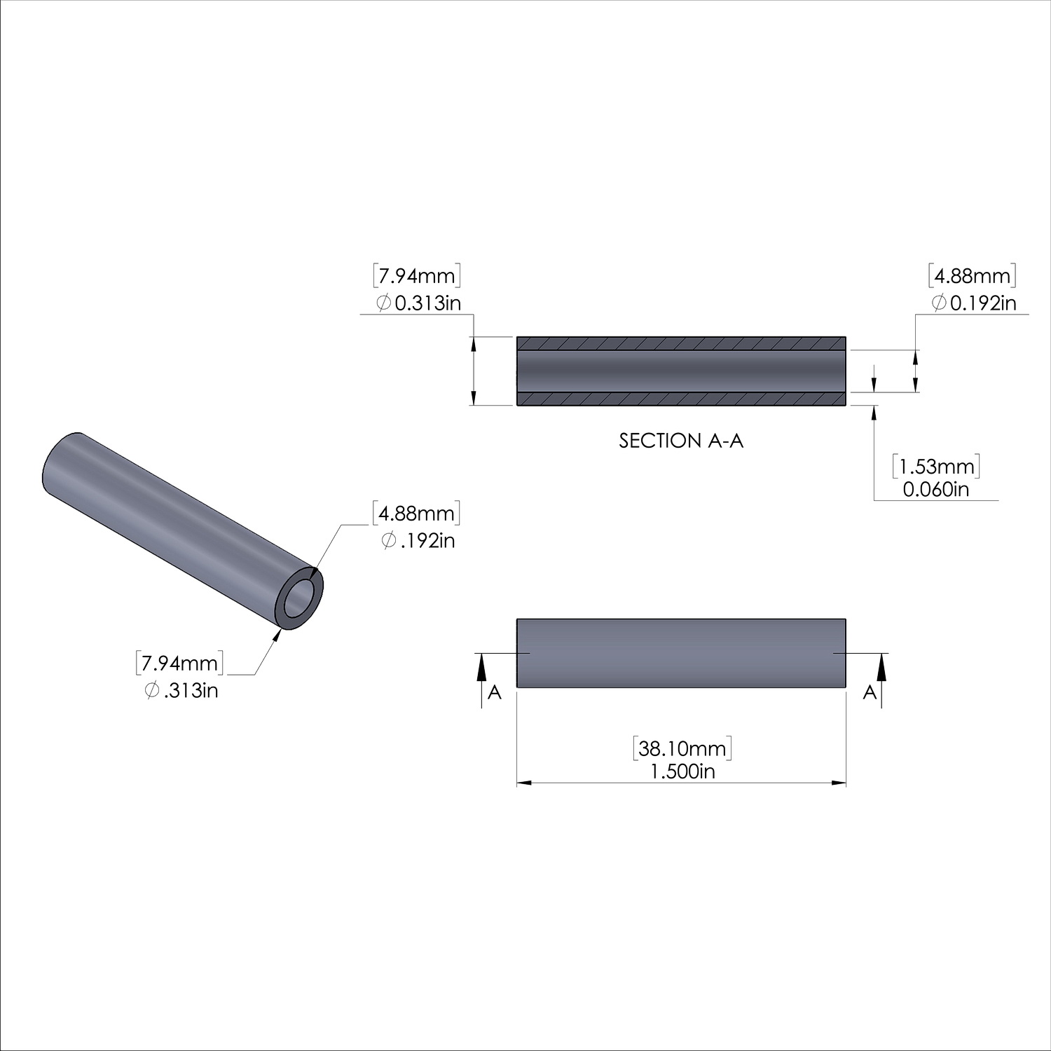 Aluminum Spacer 5/16'' OD x .192'' ID x 1-1/2'' Long, Plain Aluminum Finish
