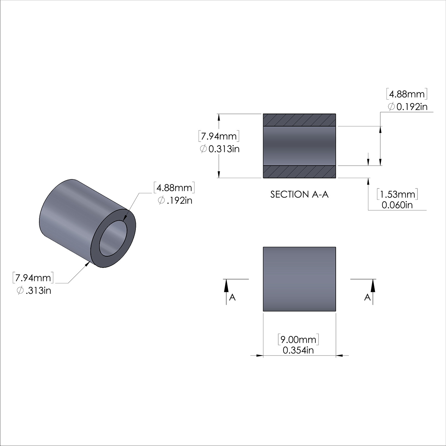 Aluminum Spacer 5/16'' OD x .192'' ID x 9mm Long, Plain Aluminum Finish