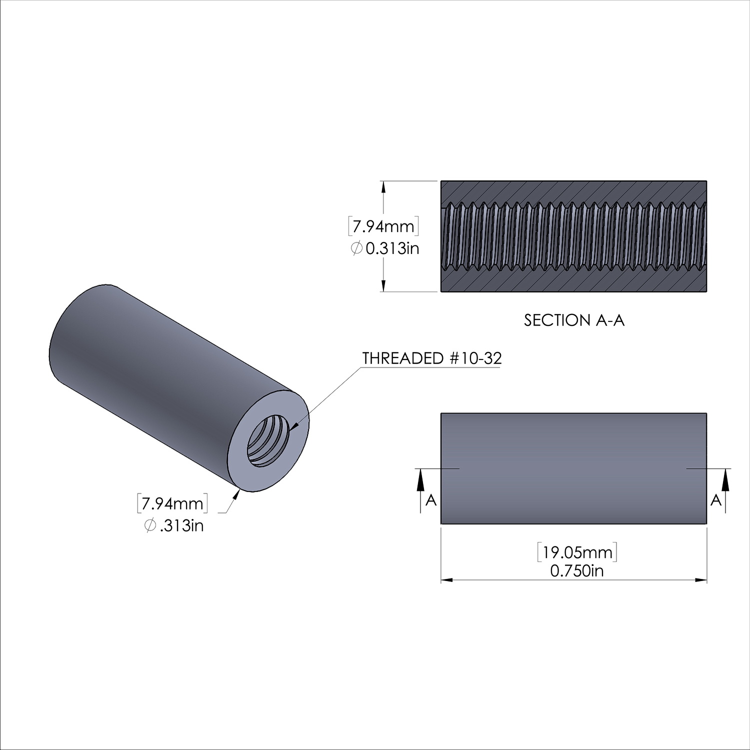 Aluminum Standoff 5/16'' OD x 10-32 Thread x 3/4'' Long