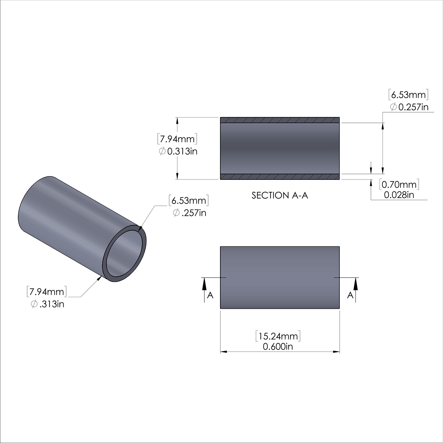 Aluminum Spacer 5/16'' OD x .257'' ID x .600'' Long, Plain Aluminum Finish