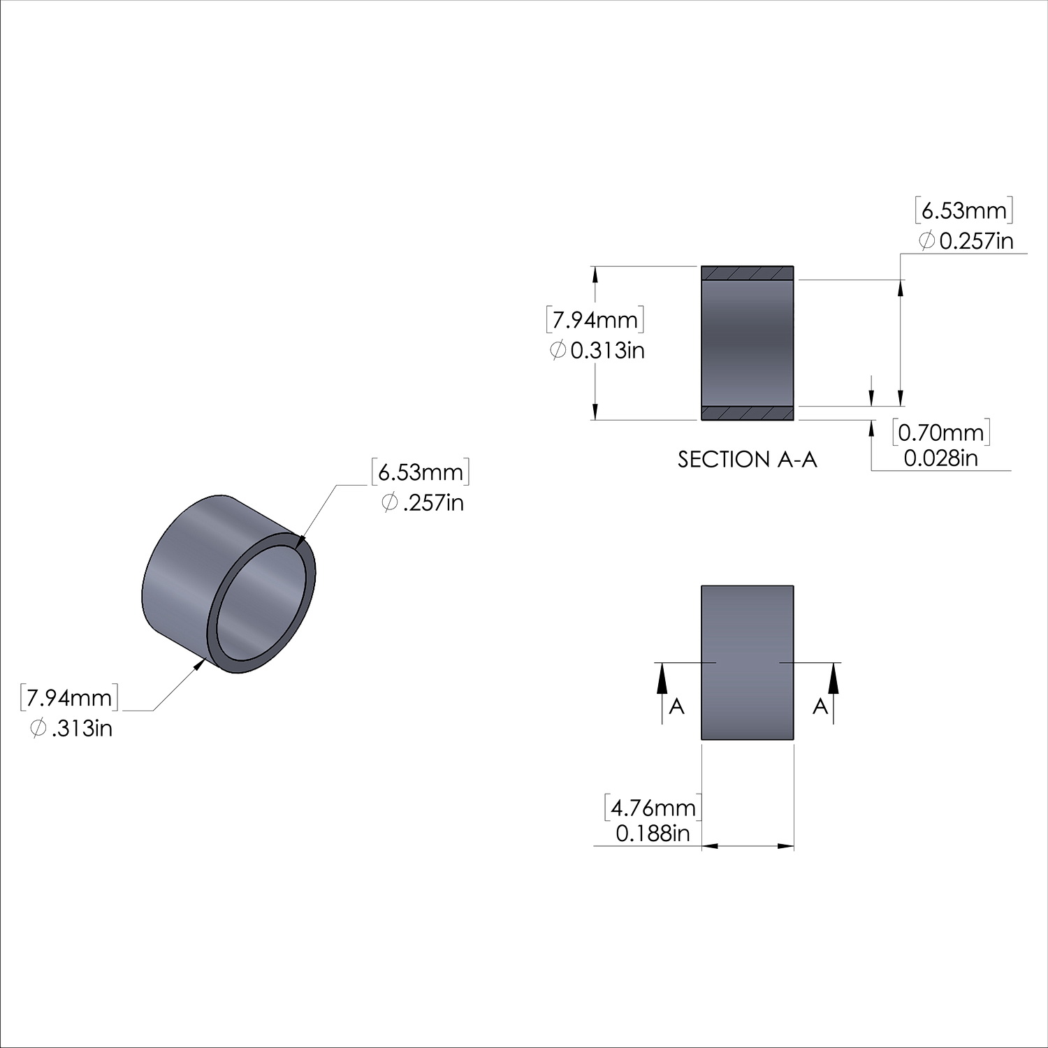 Aluminum Spacer 5/16'' OD x .257'' ID x 3/16'' Long, Black Anodized Finish