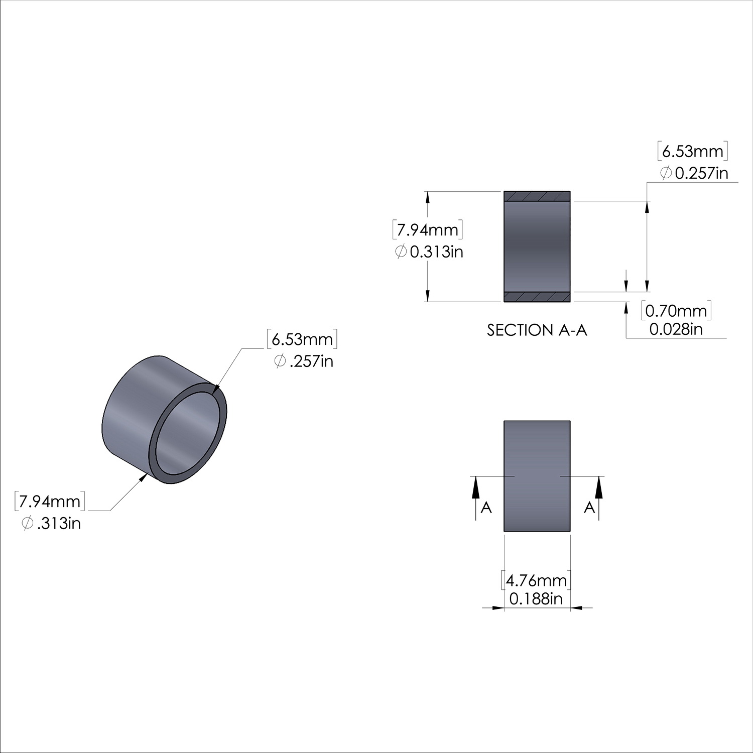 Aluminum Spacer 5/16'' OD x .257'' ID x 3/16'' Long, Plain Aluminum Finish