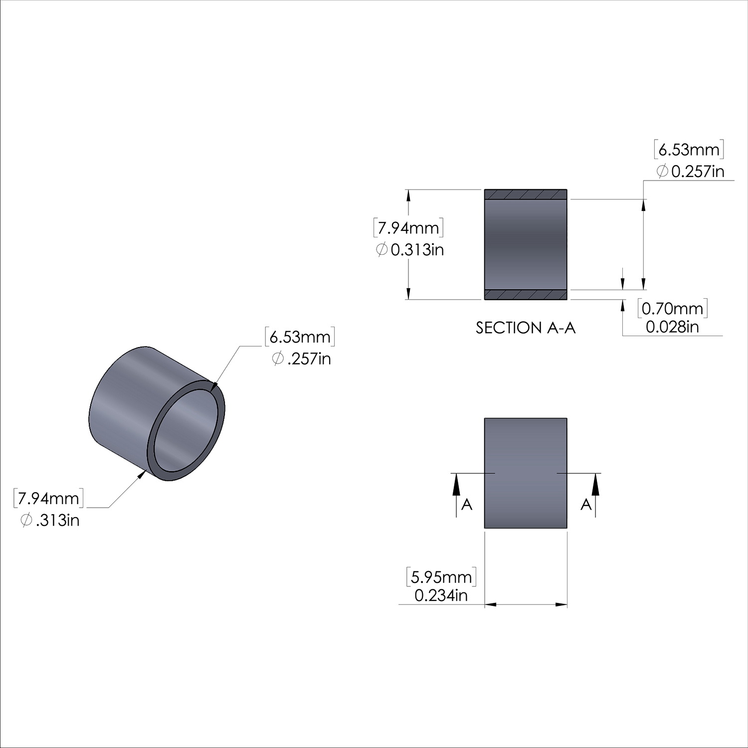 Aluminum Spacer 5/16'' OD x .257'' ID x 15/64'' Long, Plain Aluminum Finish