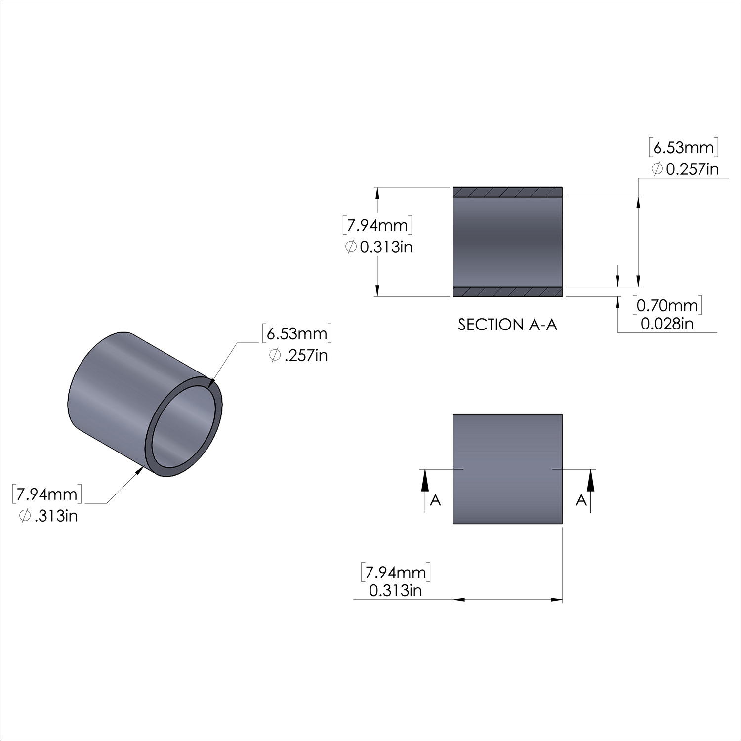 Aluminum Spacer 5/16'' OD x .257'' ID x 5/16'' Long, Black Anodized Finish