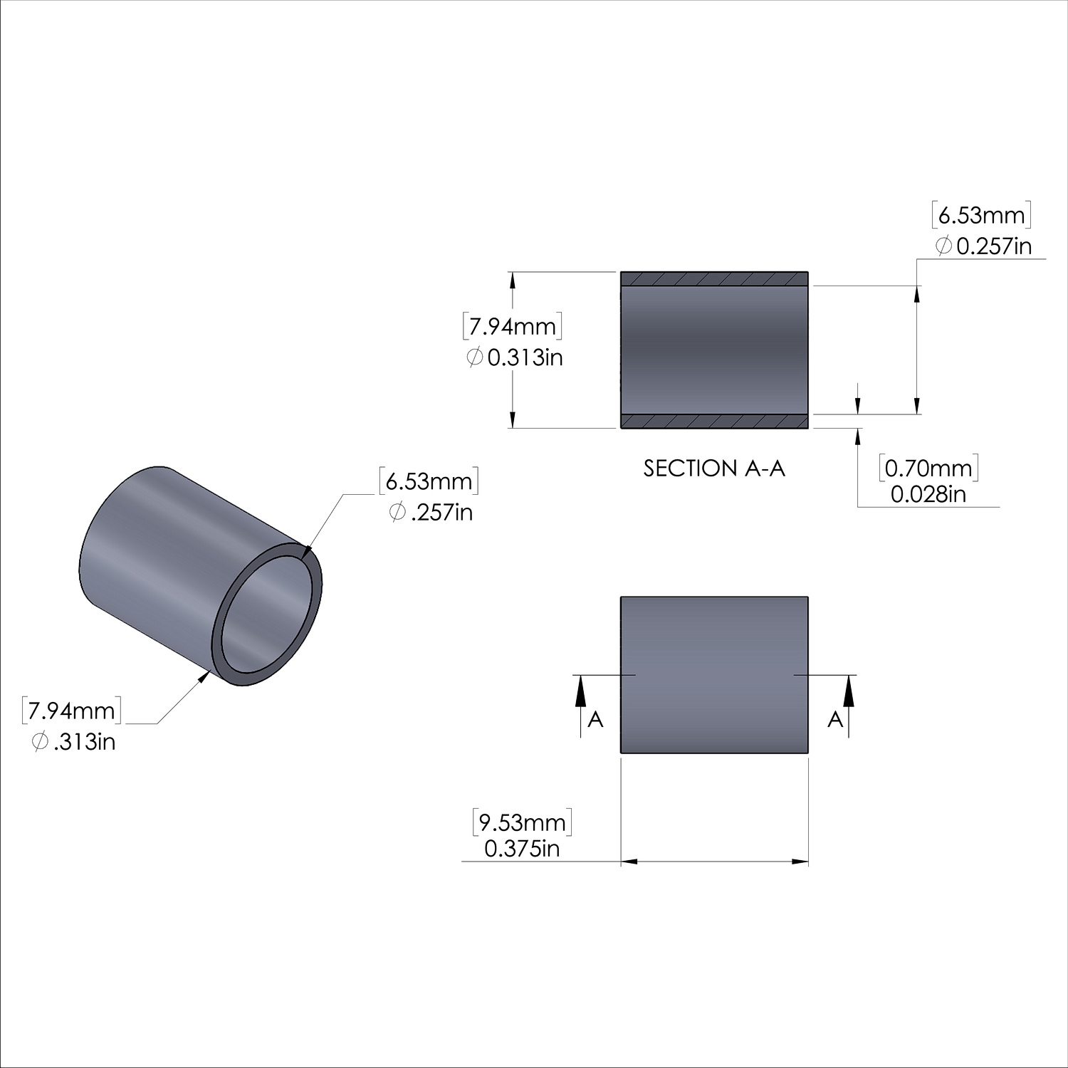 Aluminum Spacer 5/16'' OD x .257'' ID x 3/8'' Long, Plain Aluminum Finish