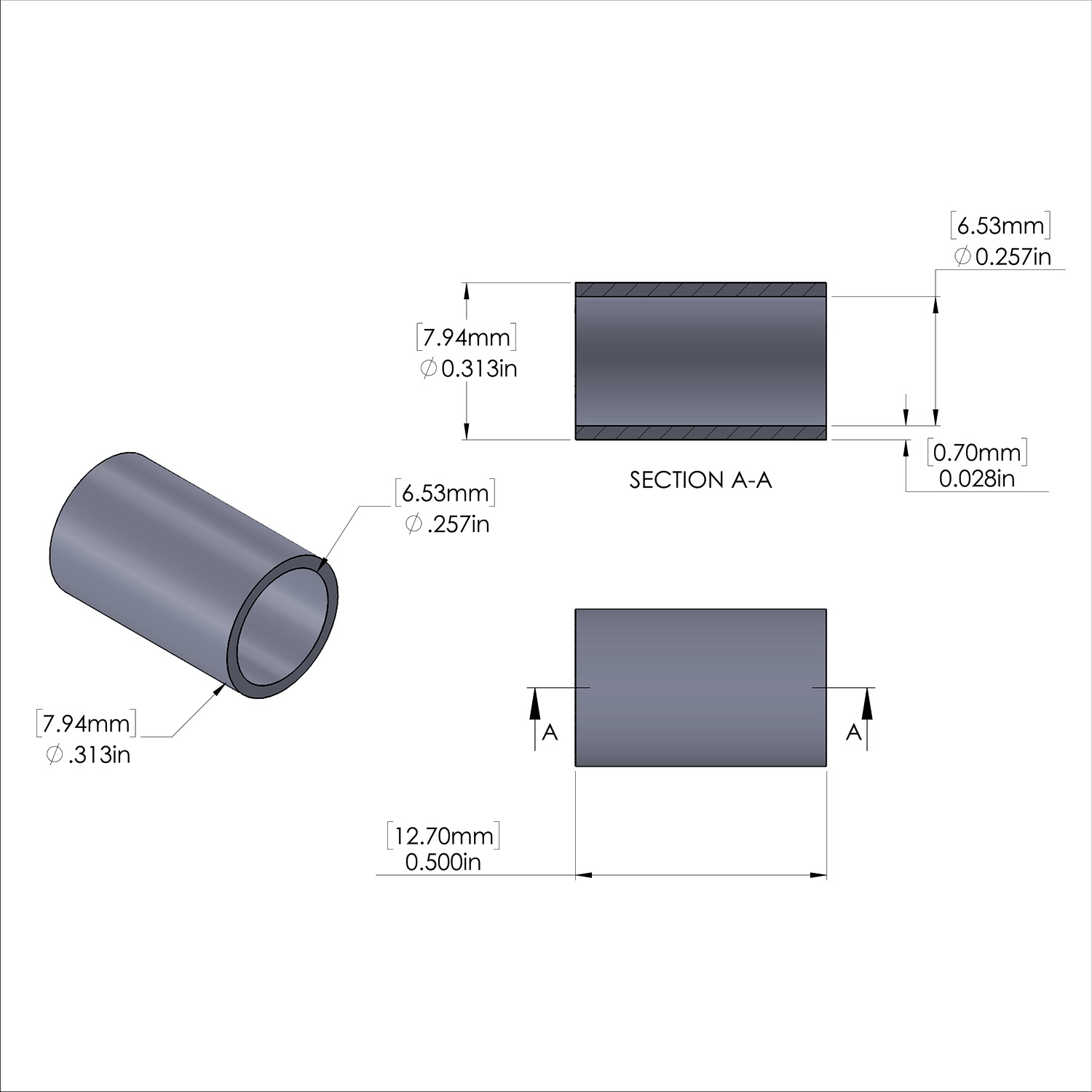 Aluminum Spacer 5/16'' OD x .257'' ID x 1/2'' Long, Black Anodized Finish