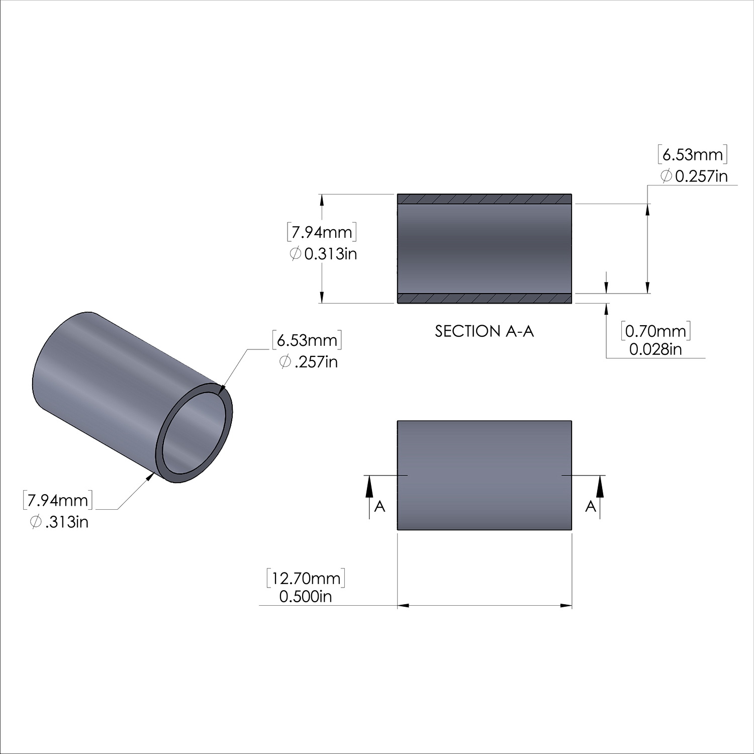 Aluminum Spacer 5/16'' OD x .257'' ID x 1/2'' Long, Plain Aluminum Finish