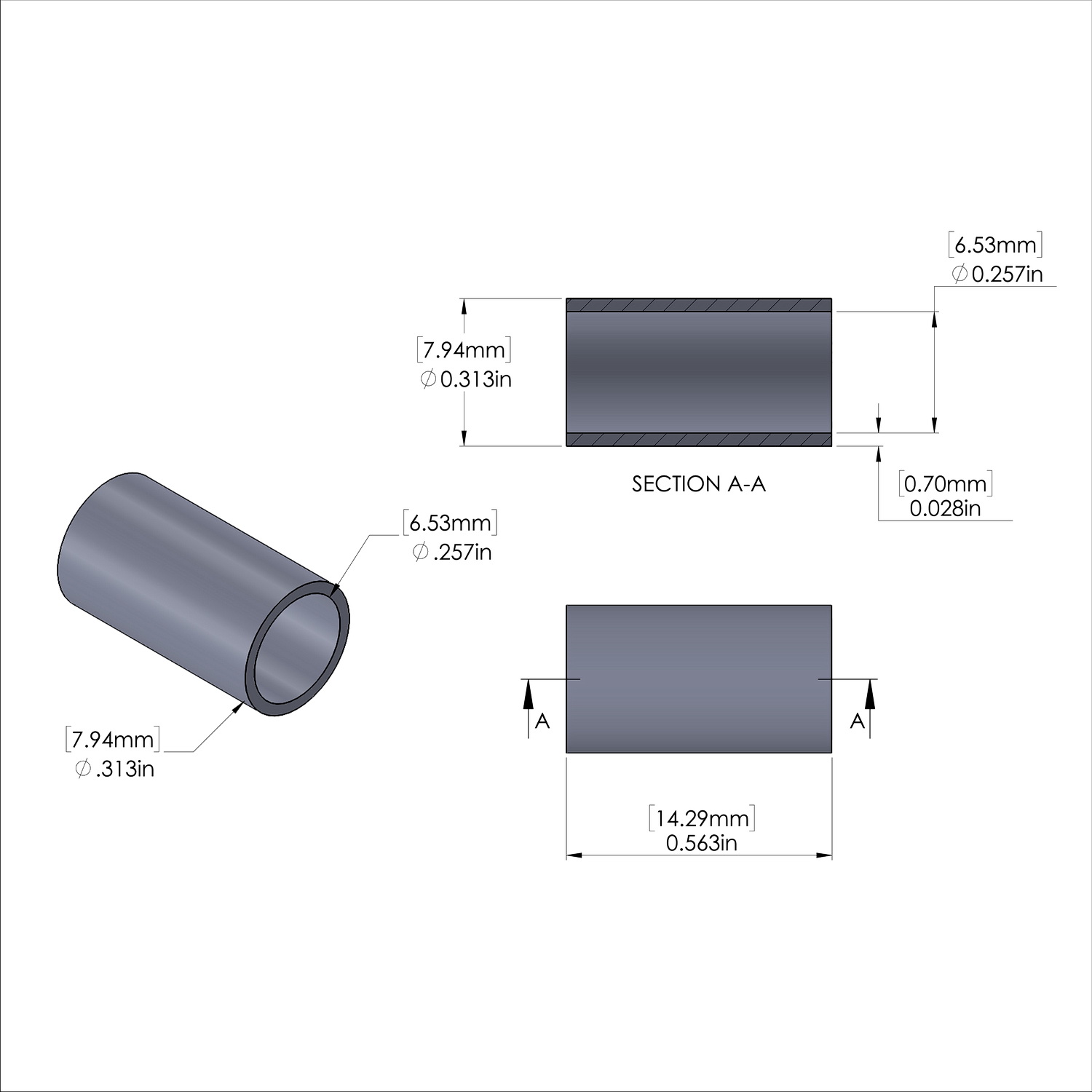 Aluminum Spacer 5/16'' OD x .257'' ID x 9/16'' Long, Plain Aluminum Finish