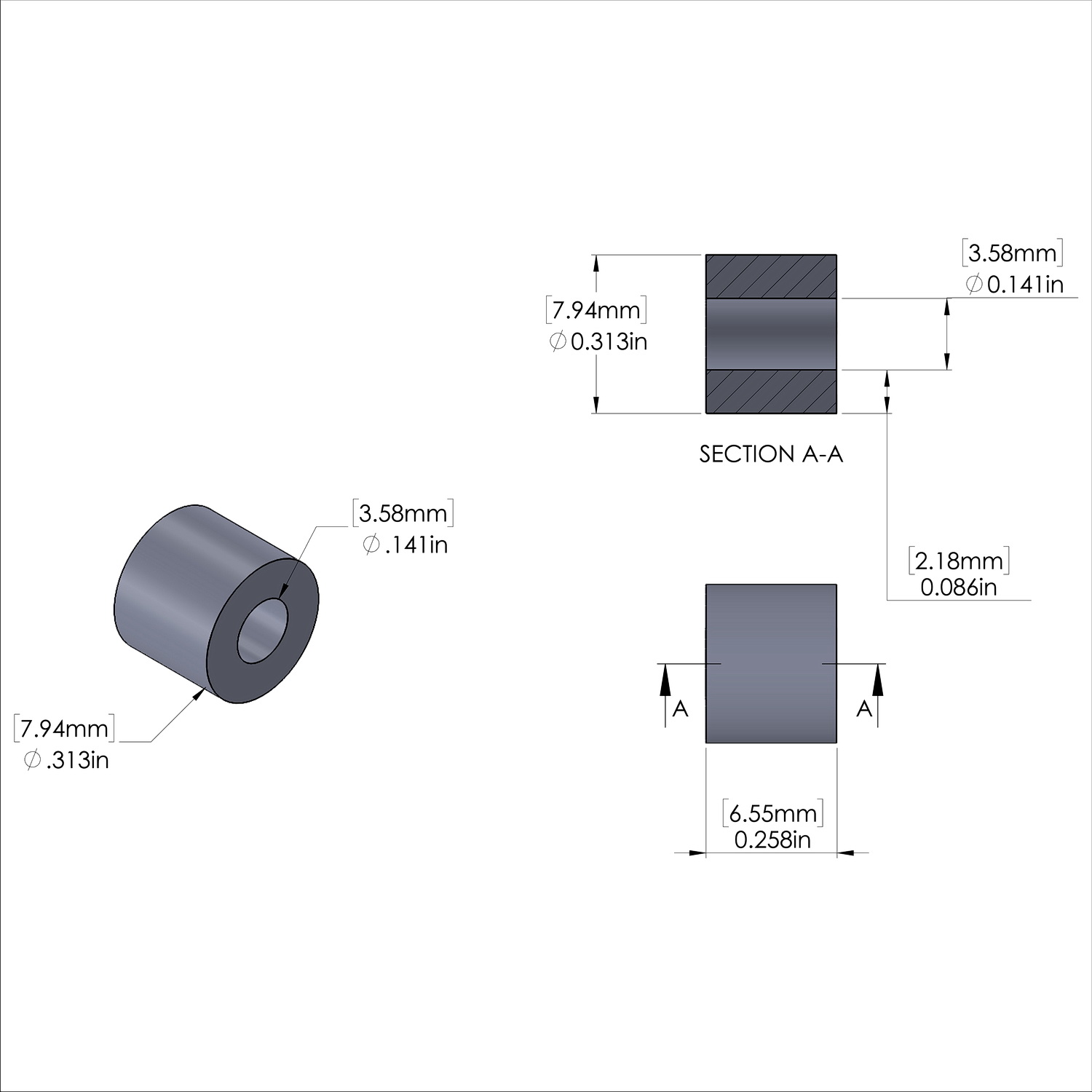 Aluminum Spacer 5/16'' OD x .141'' ID x .258'' Long