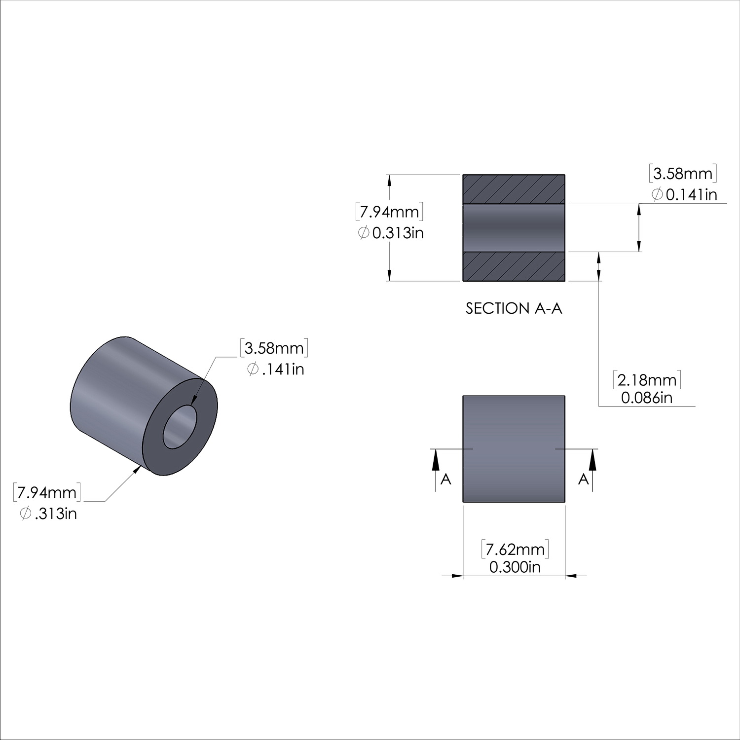 Aluminum Spacer 5/16'' OD x .141'' ID x .300'' Long