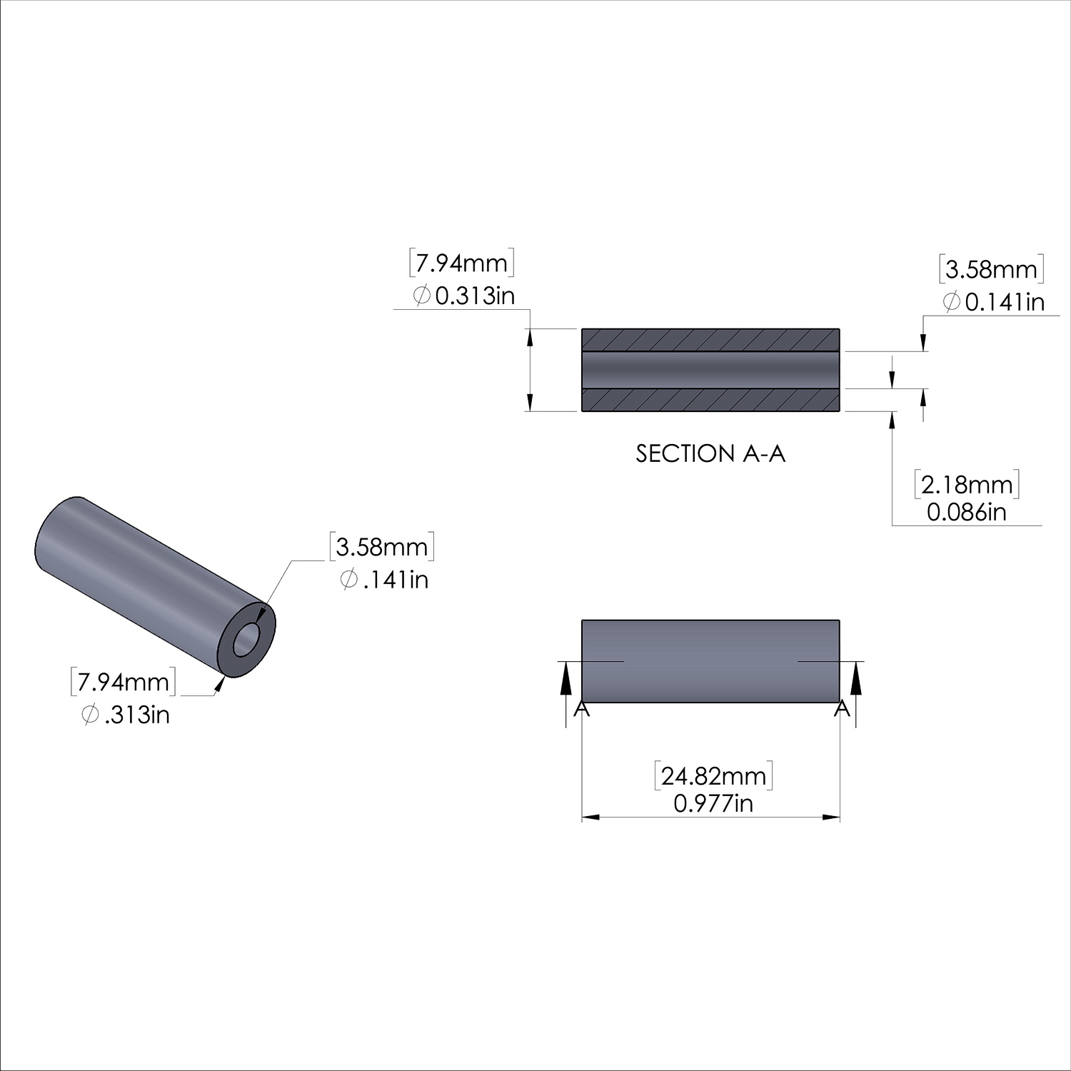 Aluminum Spacer 5/16'' OD x .141'' ID x .977'' Long, Plain Aluminum Finish