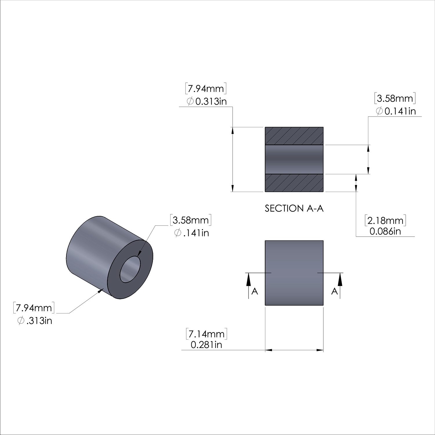 Aluminum Spacer 5/16'' OD x .141'' ID x 9/32'' Long