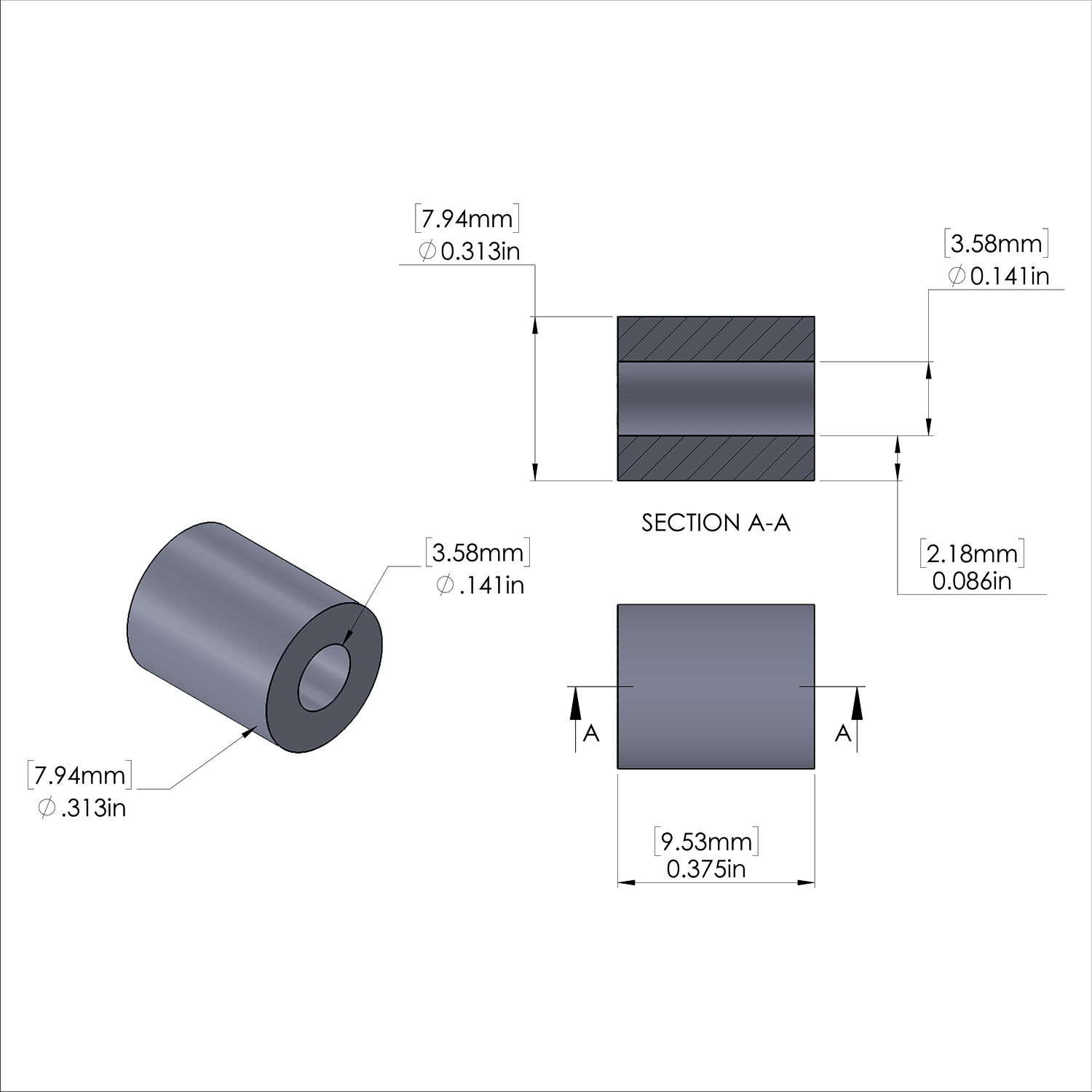 Aluminum Spacer 5/16'' OD x .141'' ID x 3/8'' Long
