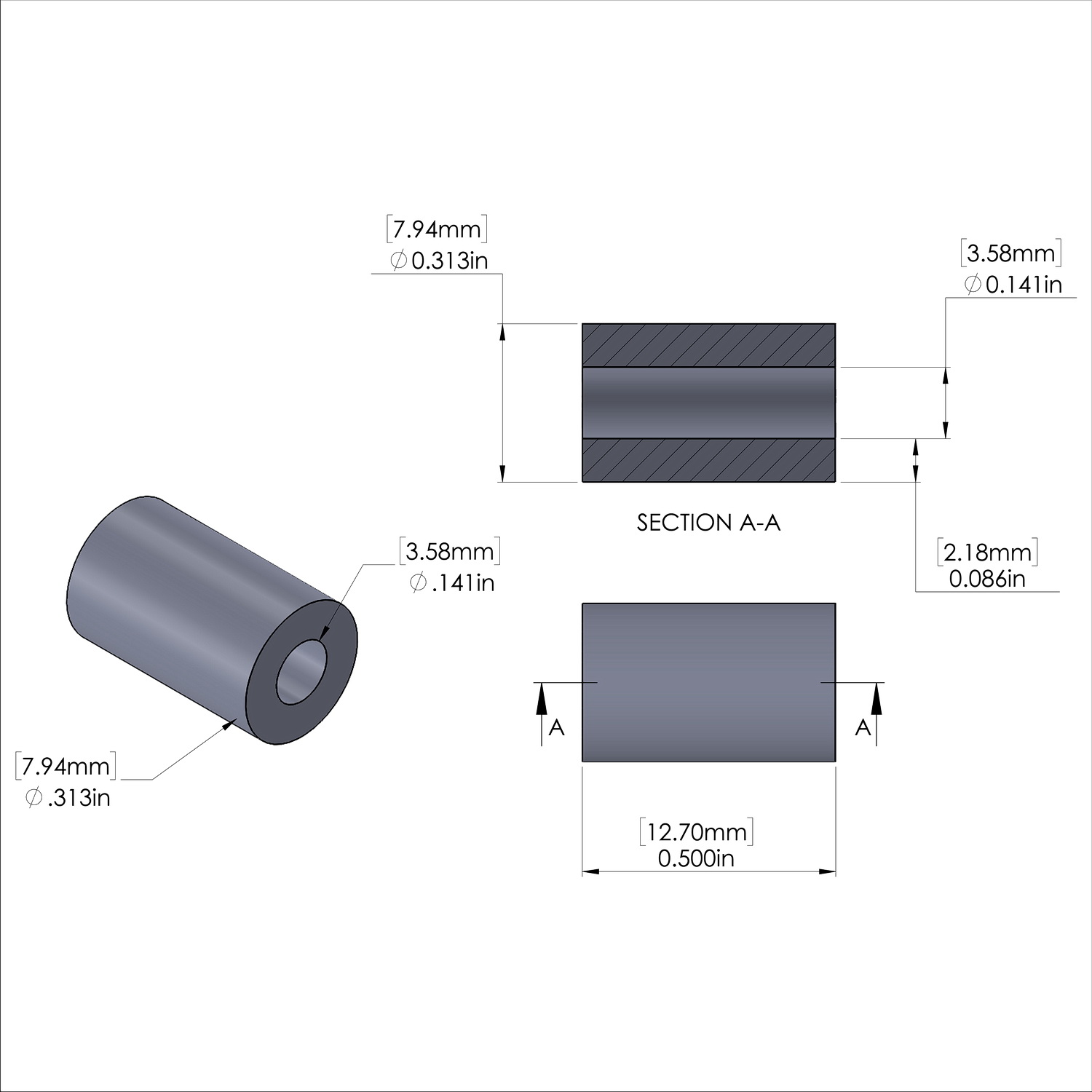 Aluminum Spacer 5/16'' OD x .141'' ID x 1/2'' Long