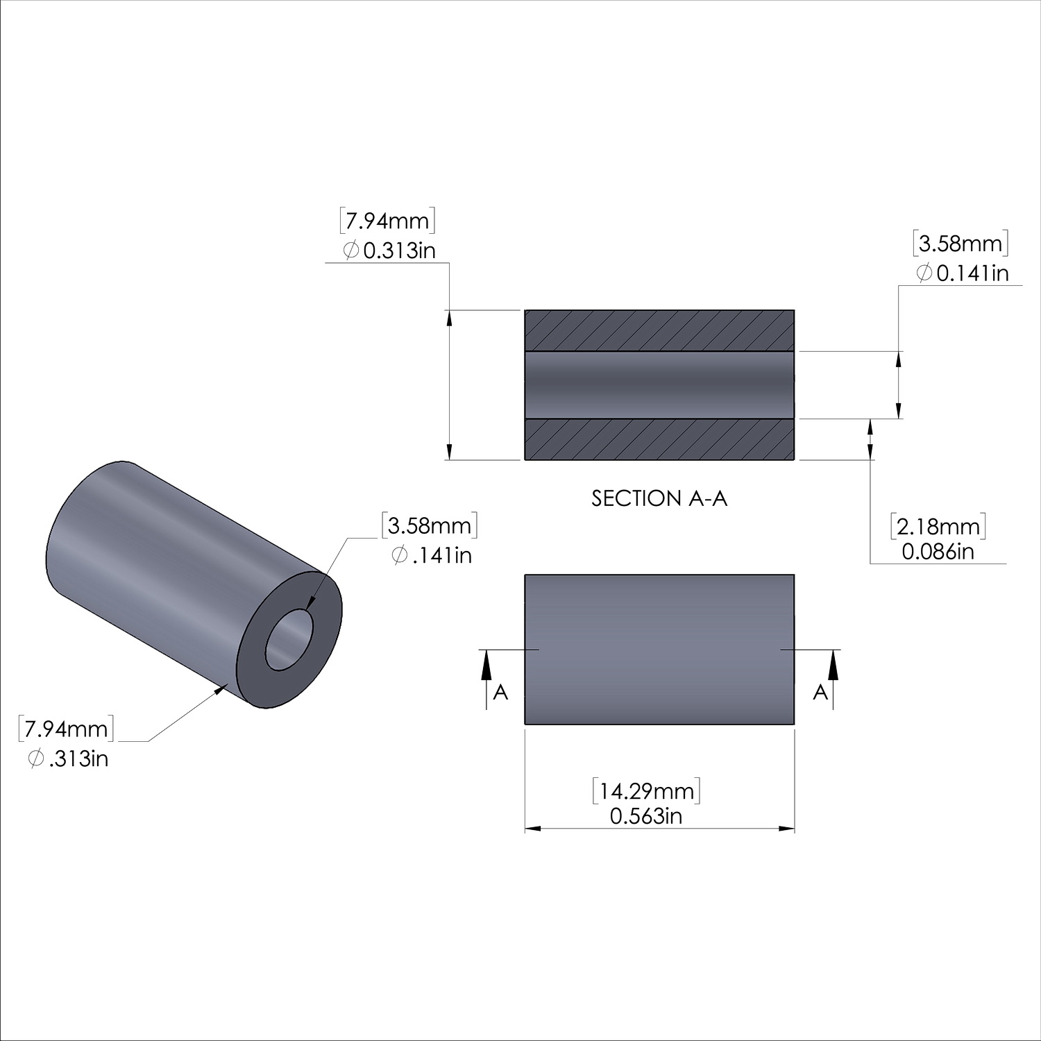 Aluminum Spacer 5/16'' OD x .141'' ID x 9/16'' Long, Plain Aluminum Finish