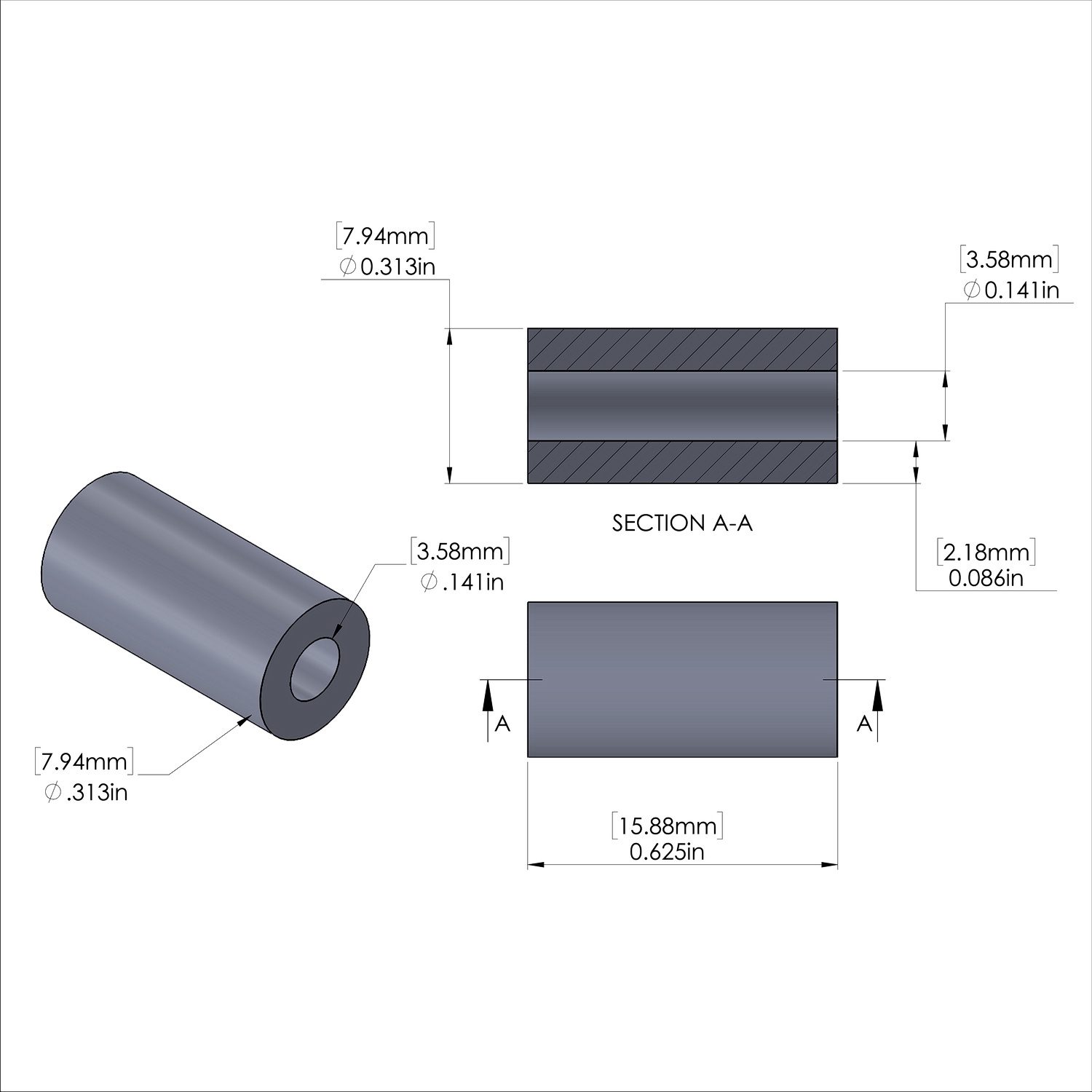 Aluminum Spacer 5/16'' OD x .141'' ID x 5/8'' Long, Plain Aluminum Finish
