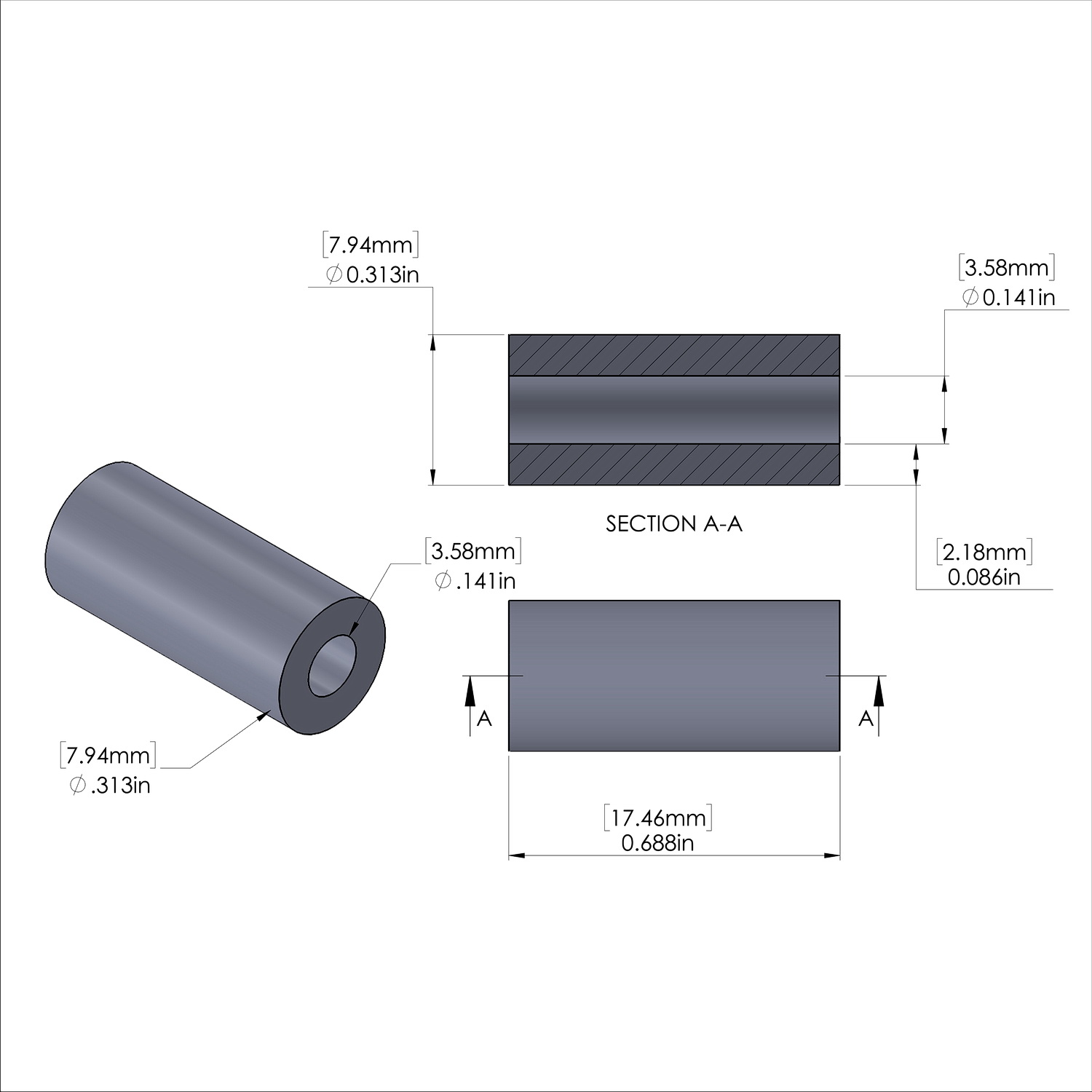 Aluminum Spacer 5/16'' OD x .141'' ID x 11/16'' Long