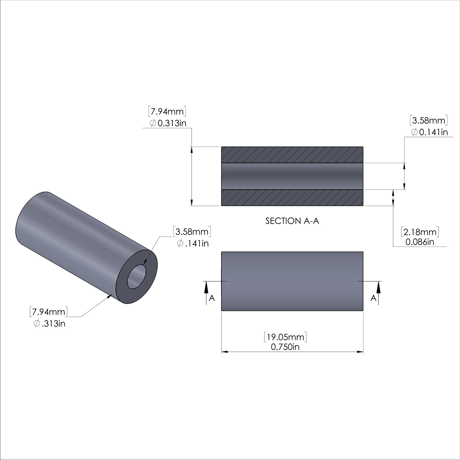 Aluminum Spacer 5/16'' OD x .141'' ID x 3/4'' Long, Plain Aluminum Finish