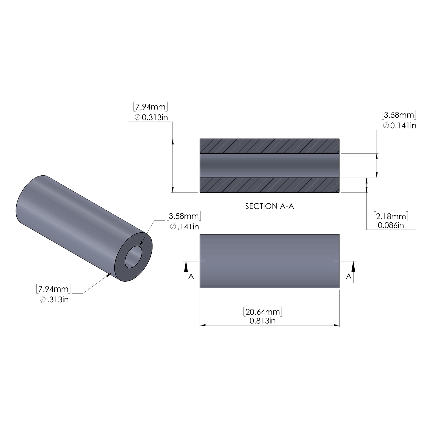 Aluminum Spacer 5/16'' OD x .141'' ID x 13/16'' Long, Plain Aluminum Finish