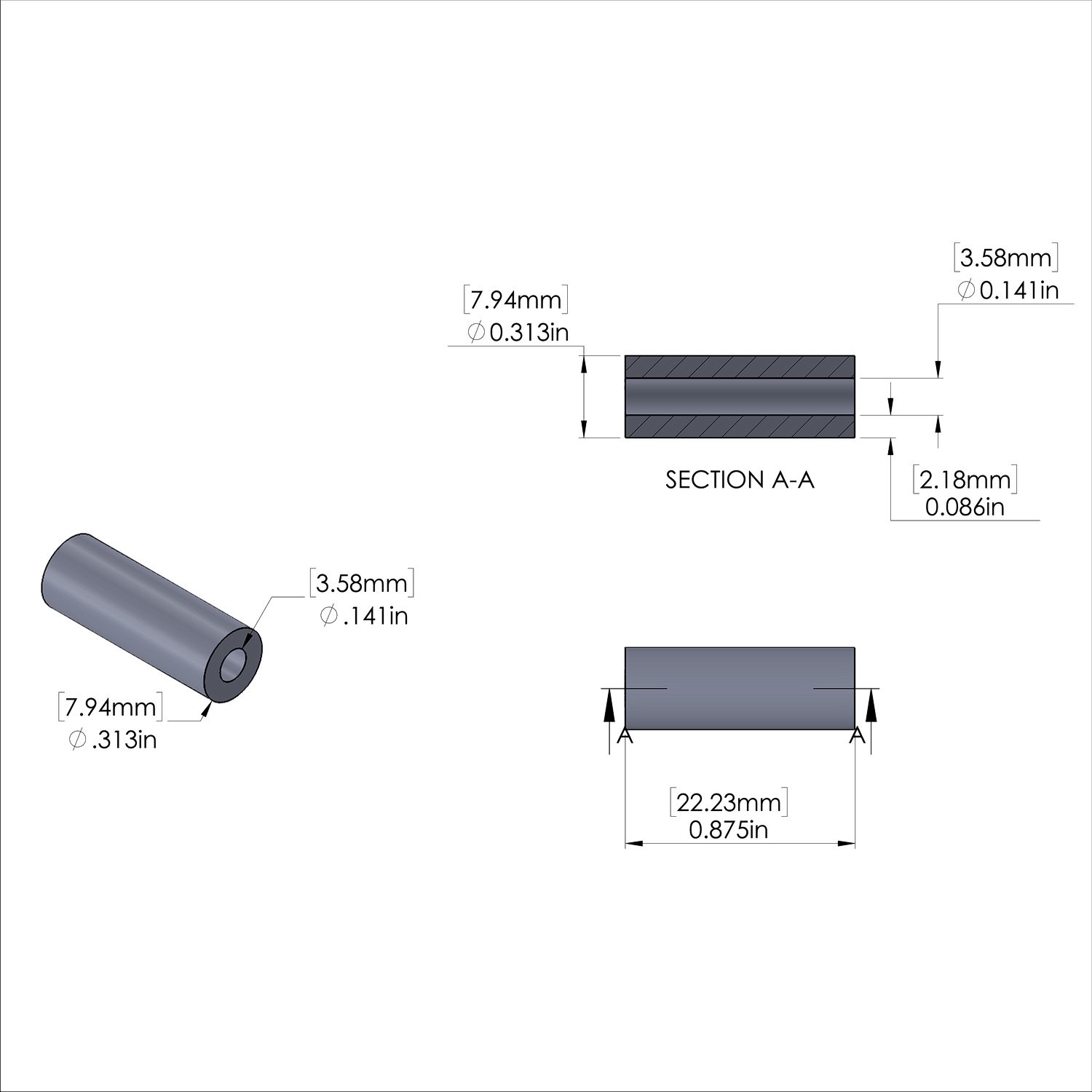 Aluminum Spacer 5/16'' OD x .141'' ID x 7/8'' Long, Plain Aluminum Finish