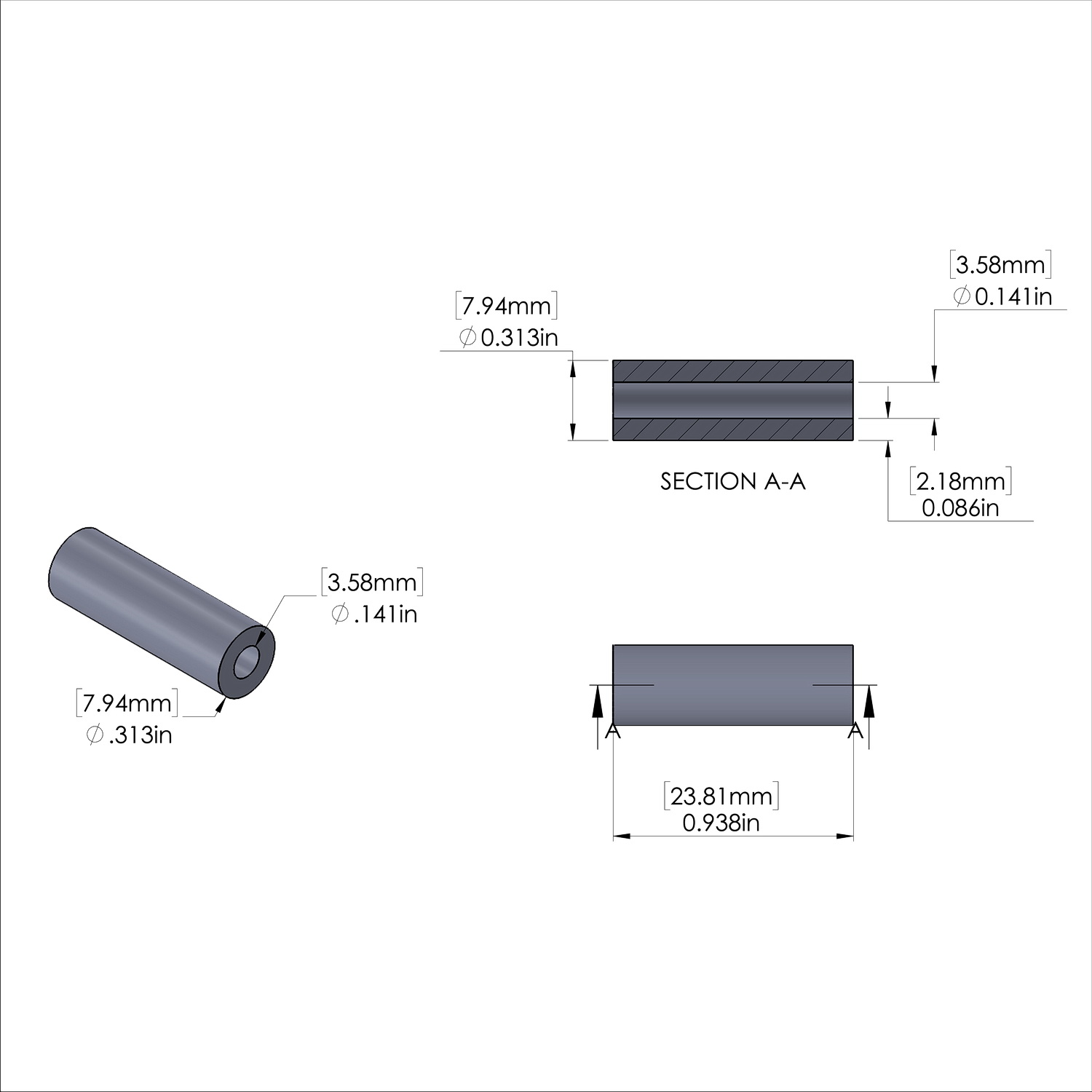 Aluminum Spacer 5/16'' OD x .141'' ID x 15/16'' Long, Plain Aluminum Finish