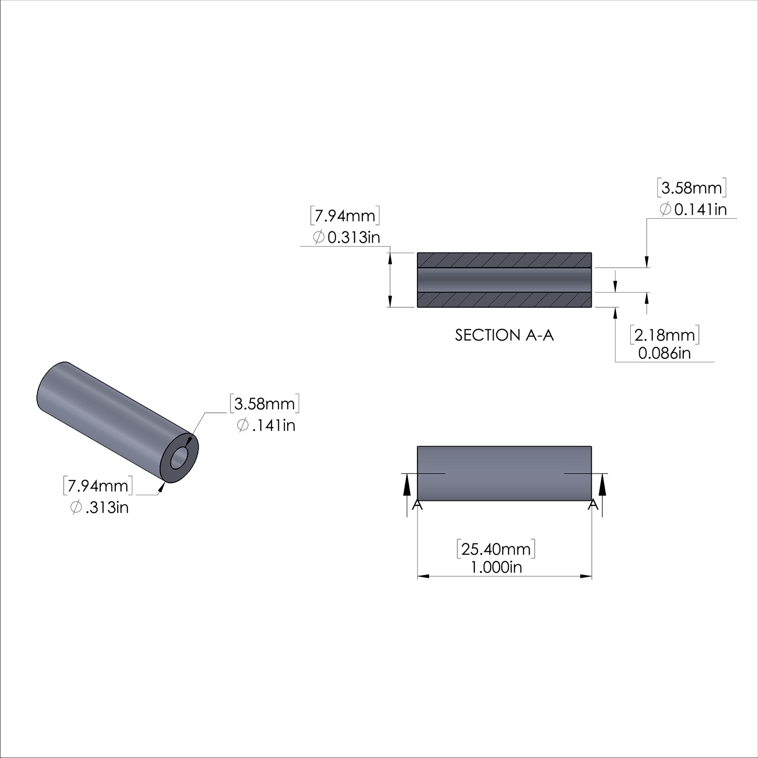 Aluminum Spacer 5/16'' OD x .141'' ID x 1.000'' Long, Plain Aluminum Finish