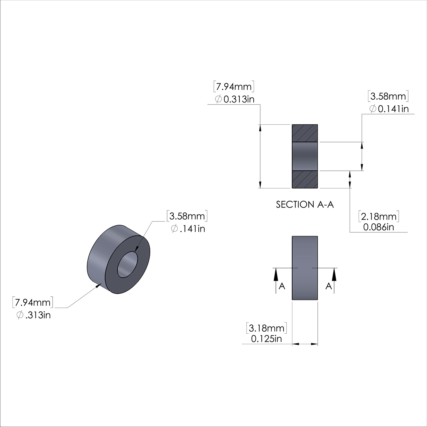 Aluminum Spacer 5/16'' OD x .141'' ID x 1/8'' Long