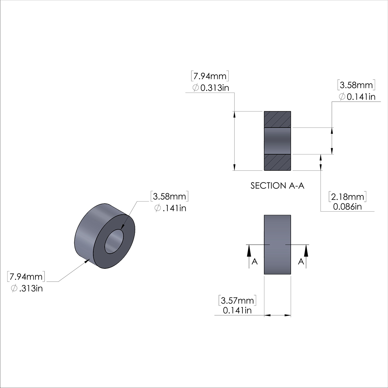 Aluminum Spacer 5/16'' OD x .141'' ID x 9/64'' Long, Plain Aluminum Finish
